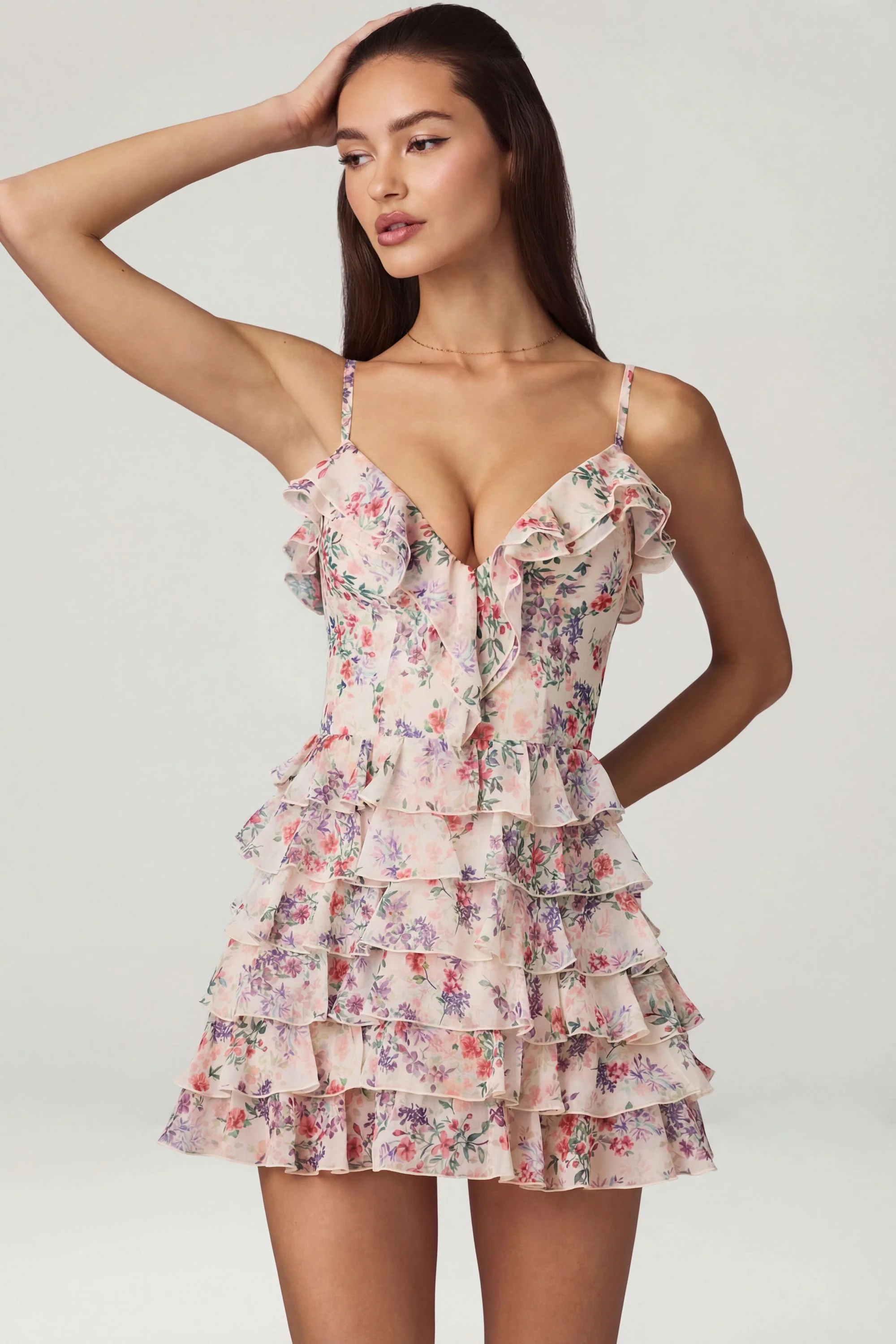 Ruffled Lace-Up A-Line Mini Dress in Primrose Floral Print - Image 7