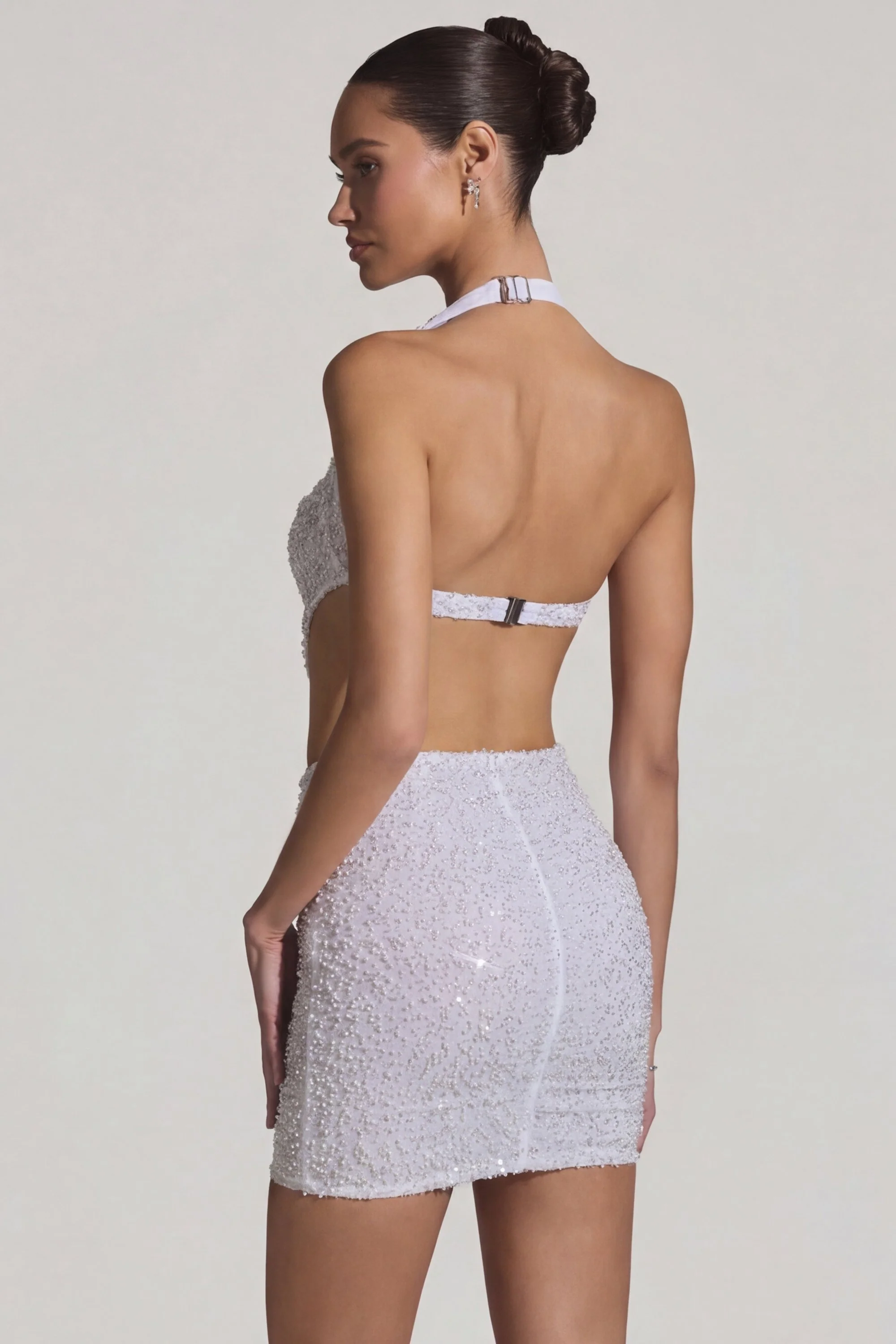 Embellished Cut-Out Halterneck Mini Dress in White - Image 2