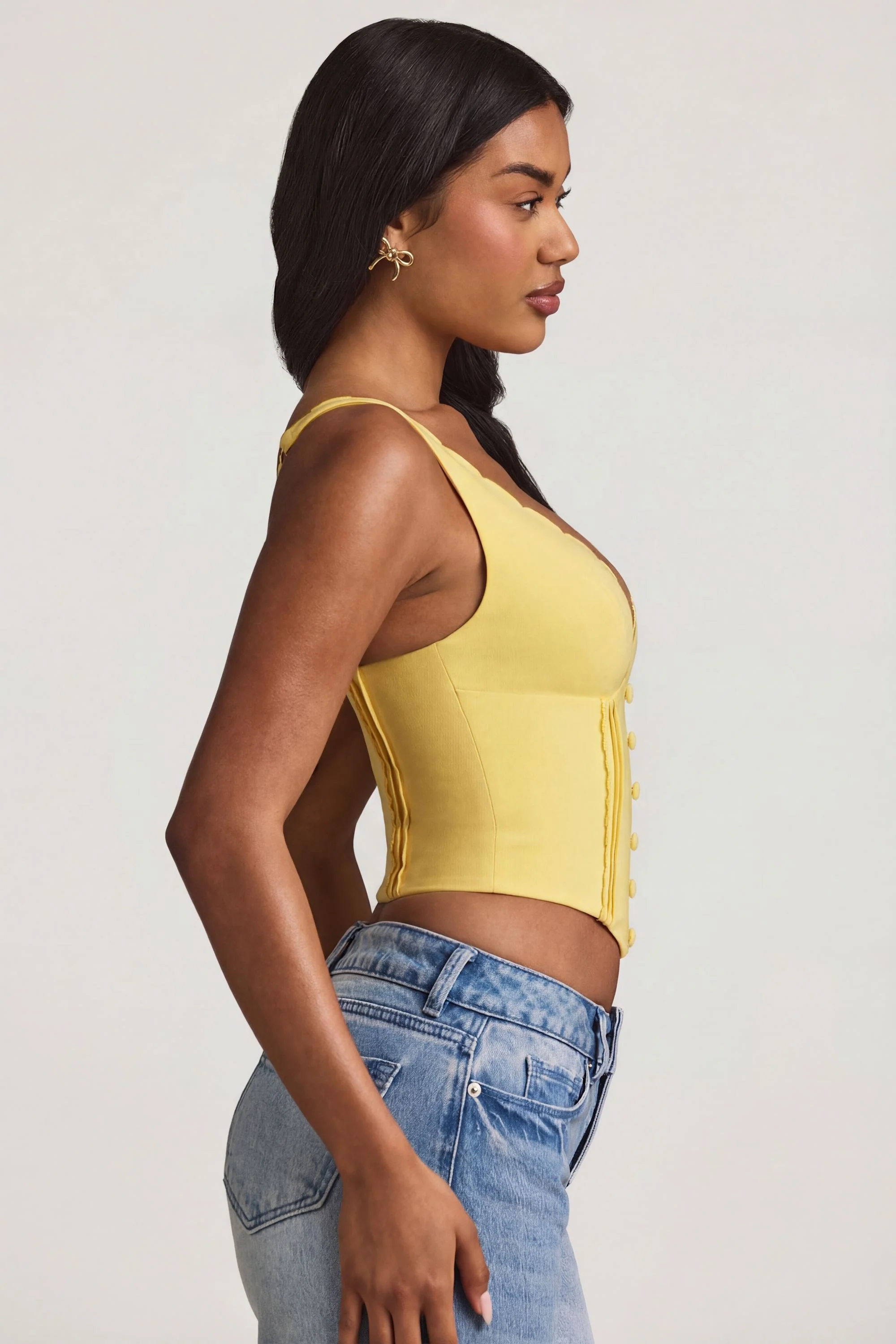 Plunge-Neck Scalloped Corset Top in Pastel Yellow - Image 3