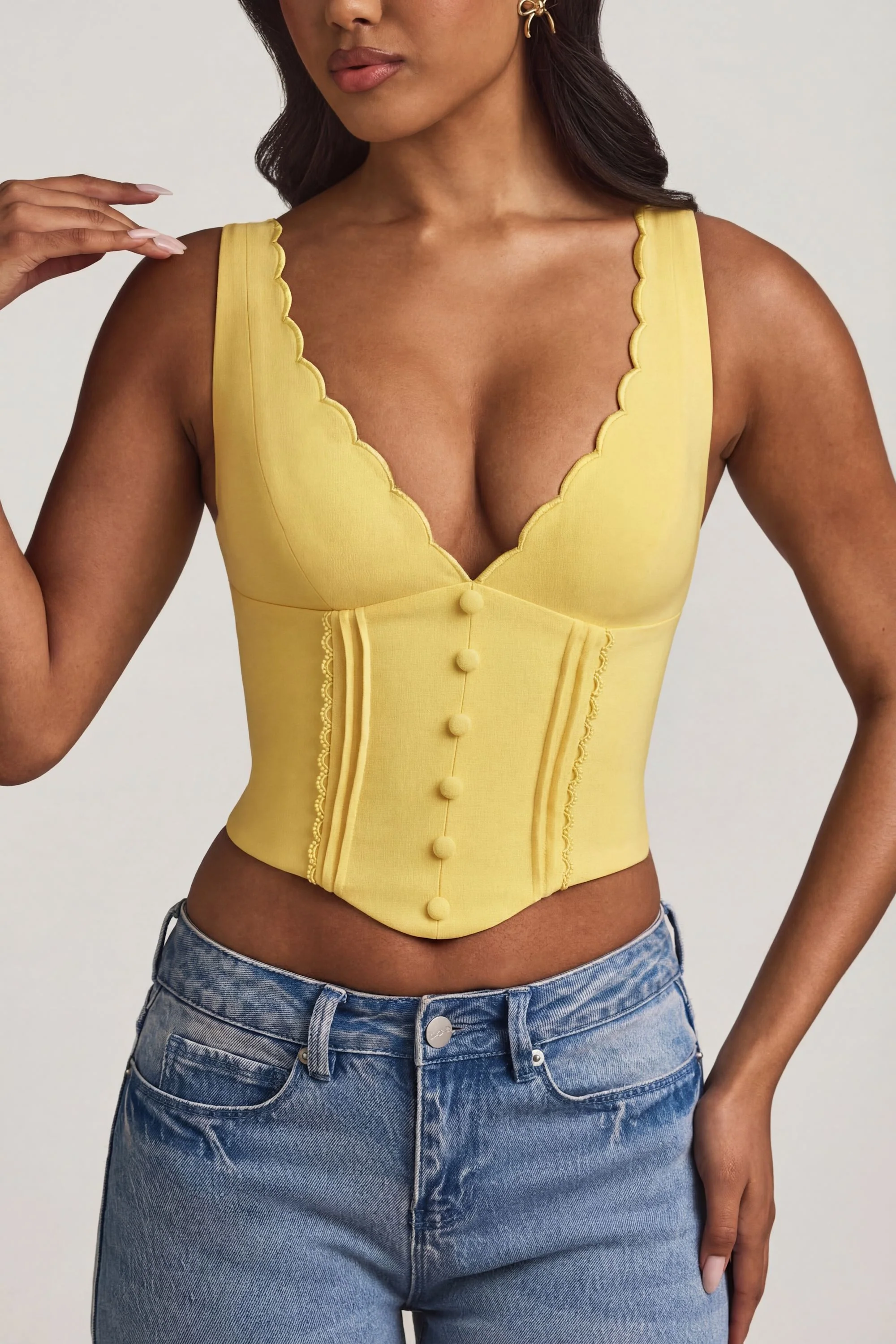 Plunge-Neck Scalloped Corset Top in Pastel Yellow - Image 4
