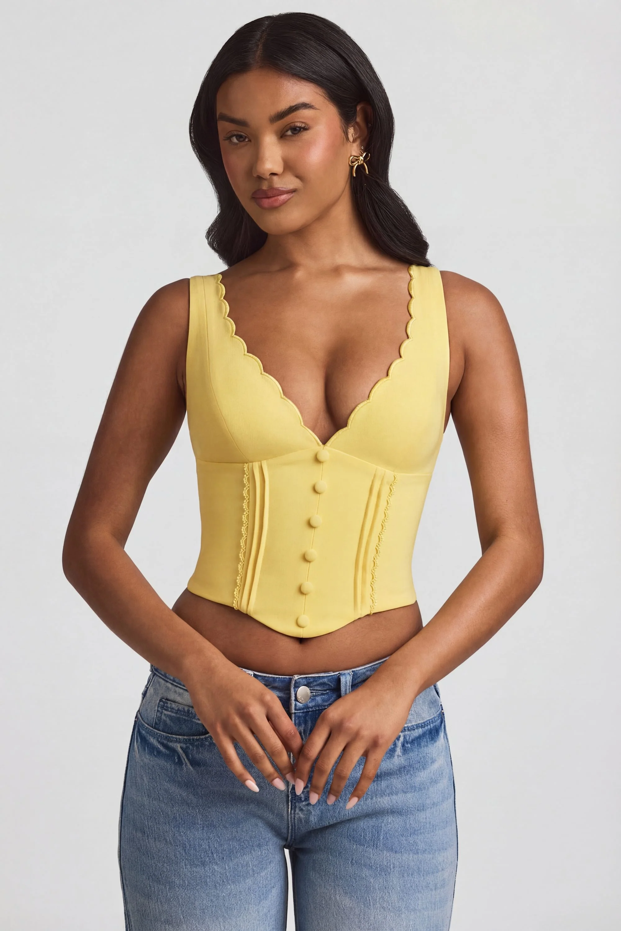 Plunge-Neck Scalloped Corset Top in Pastel Yellow - Image 9