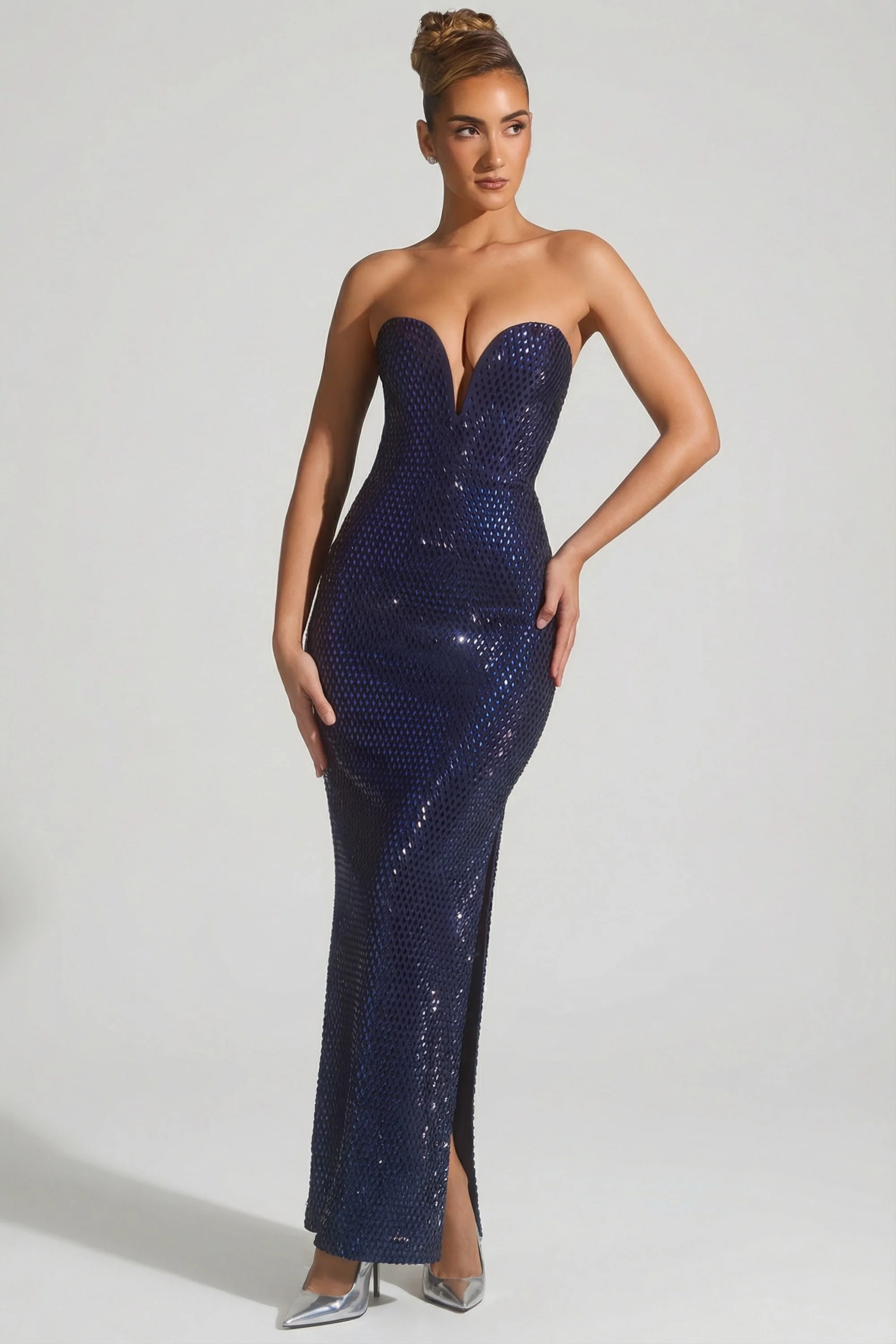 Embellished Strapless Plunge Gown in Navy - Image 8