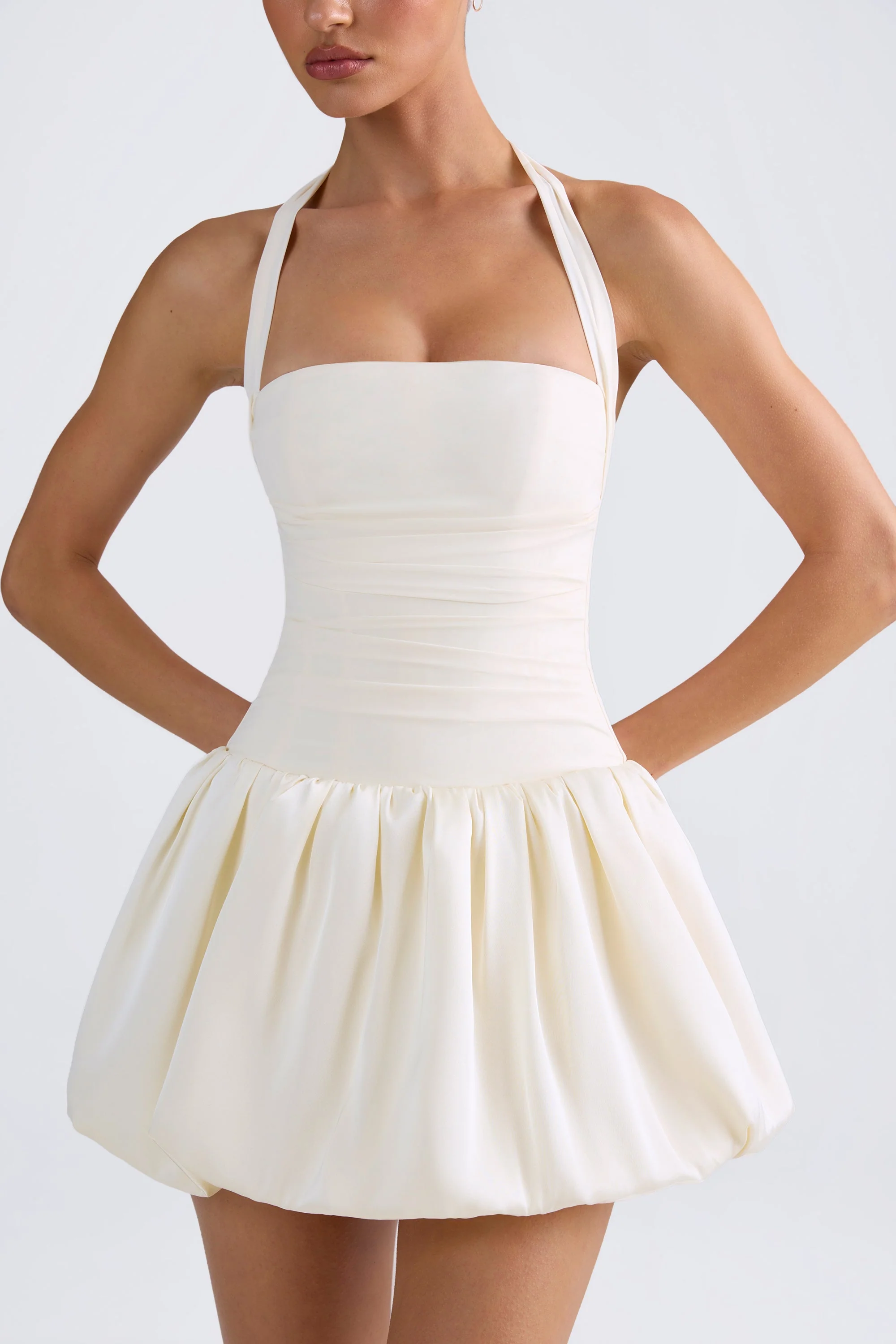 Halterneck Lace-Up Bubble Hem Corset Micro Mini Dress in Ivory - Image 4