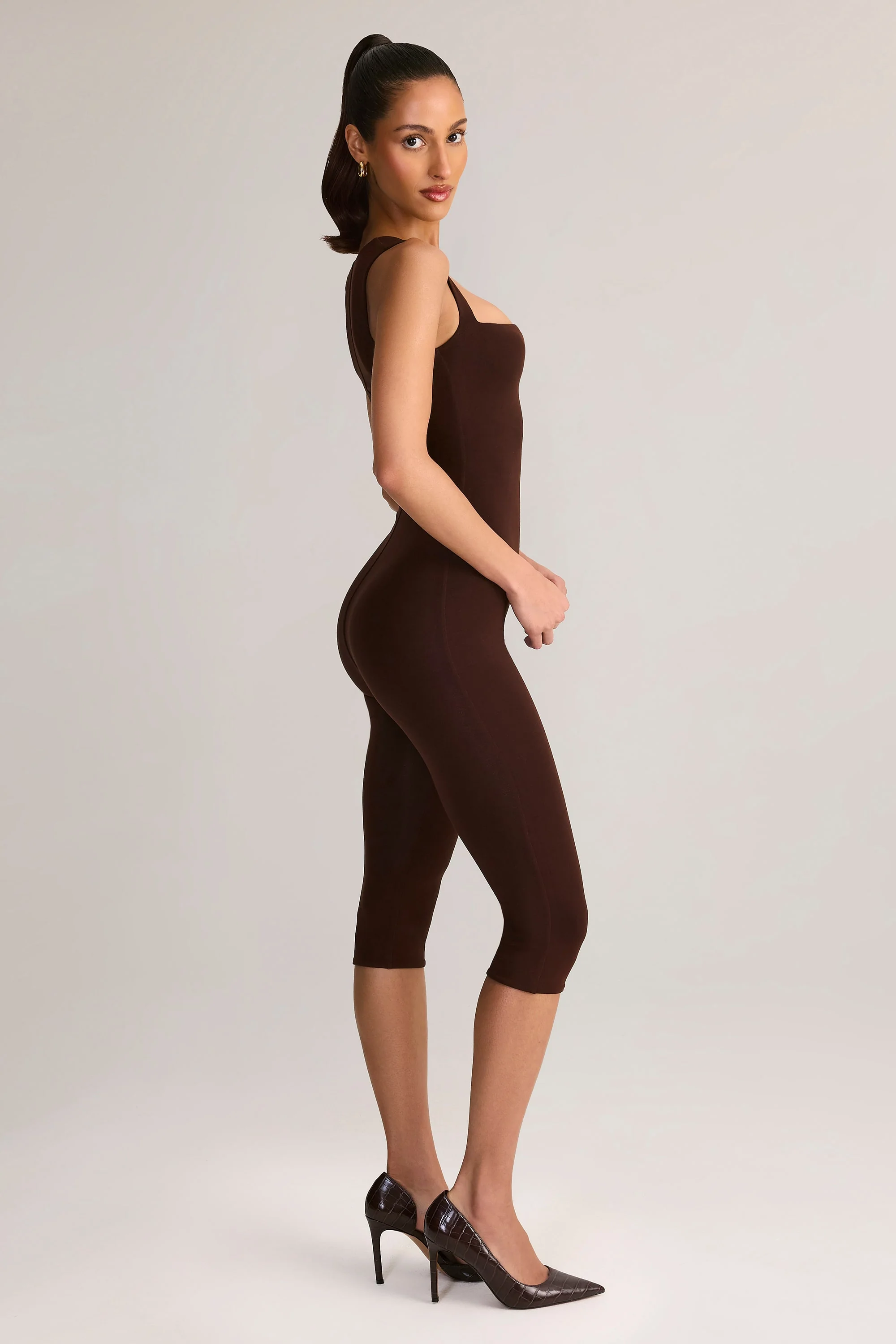Modal Square-Neck Bodycon Capri Jumpsuit in Chocolate Brown - Image 3