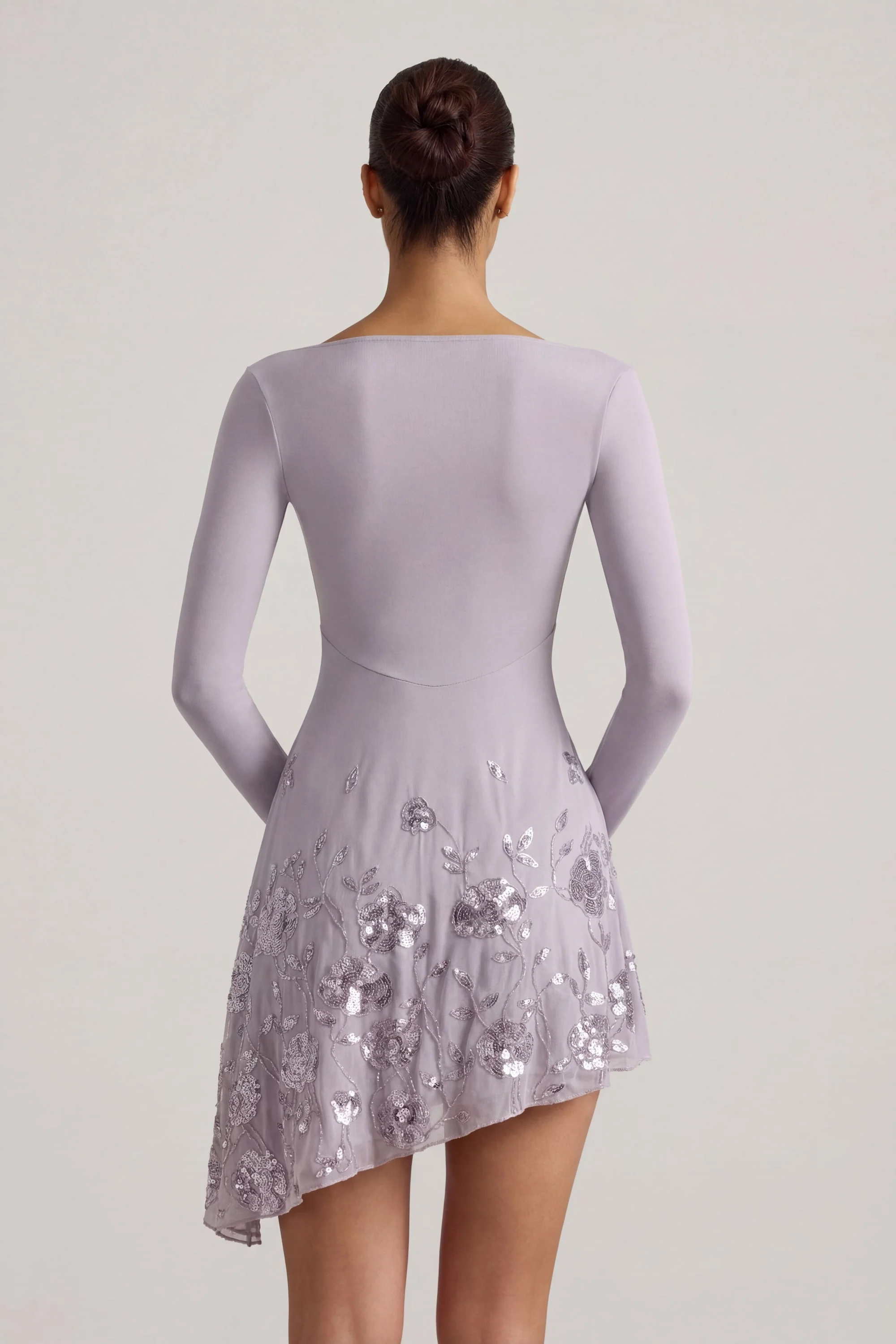 Embellished Appliqué Asymmetric Mini Dress in Lilac - Image 2
