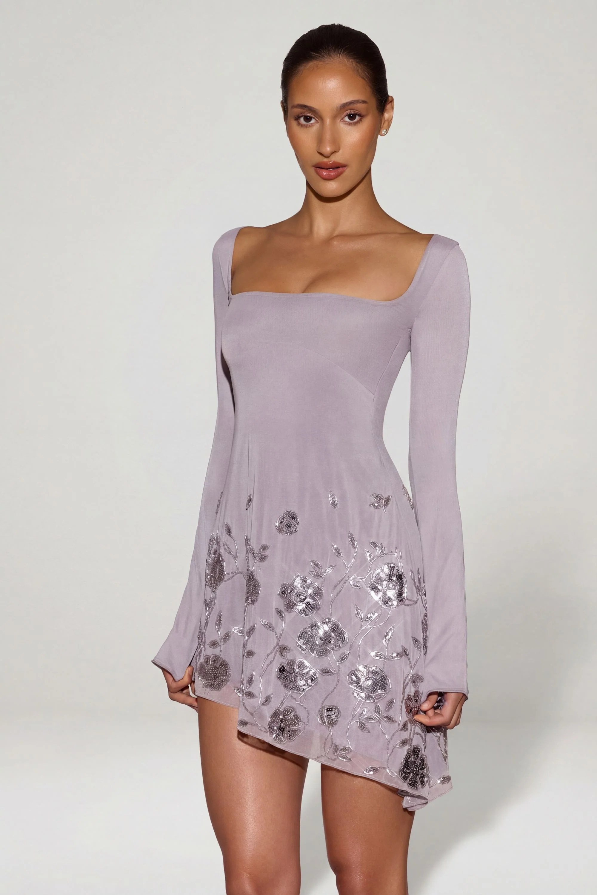 Embellished Appliqué Asymmetric Mini Dress in Lilac - Image 7
