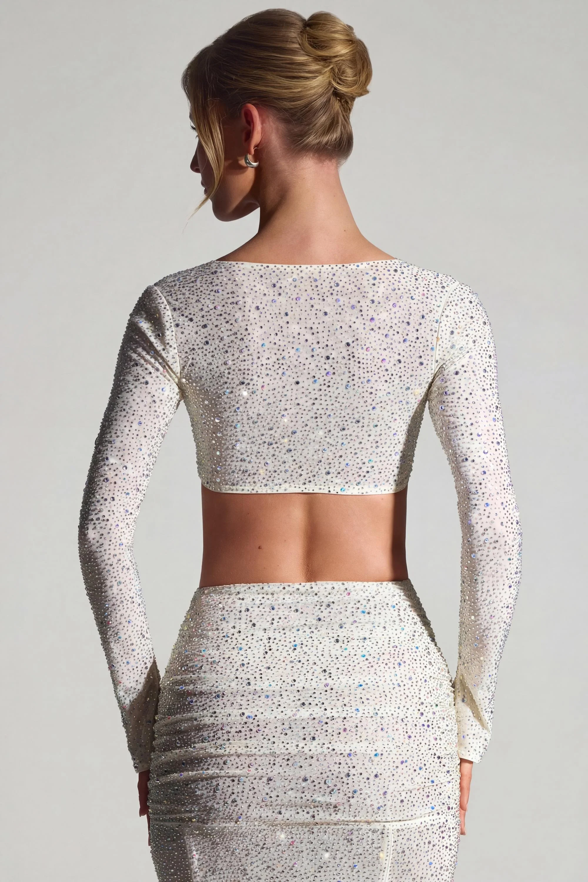 Embellished Long-Sleeve Crop Top in White - Image 3
