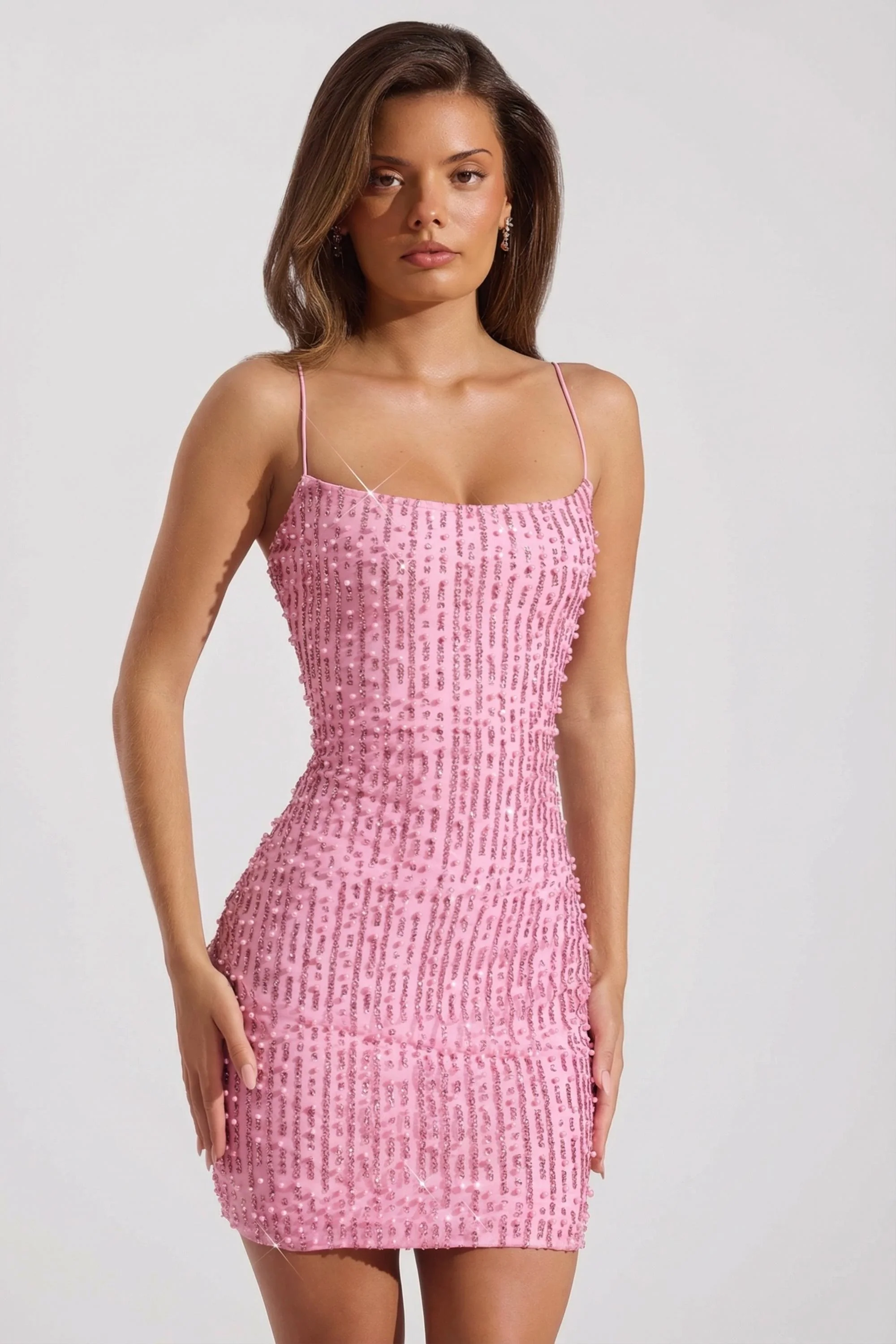Embellished Scoop-Neck Bodycon Mini Dress in Pink - Image 6