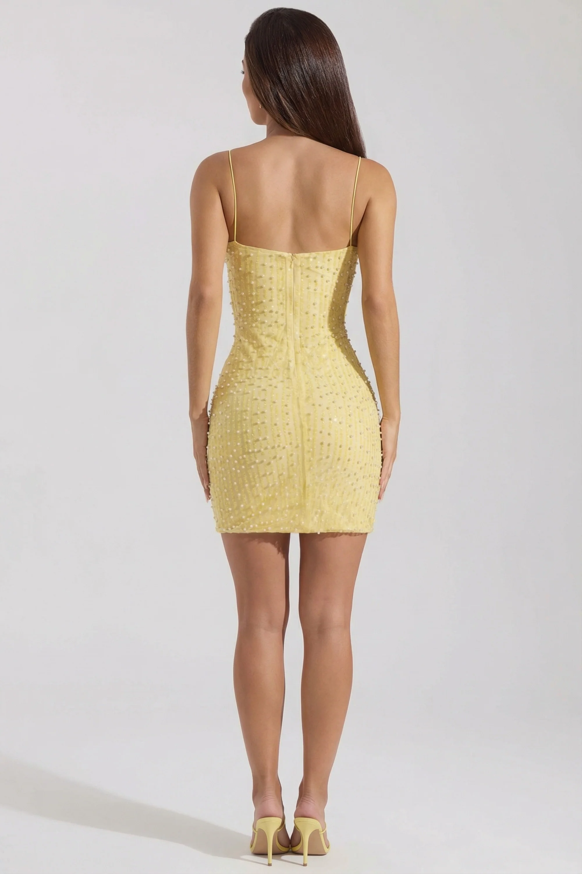 Embellished Scoop-Neck Bodycon Mini Dress in Yellow - Image 2