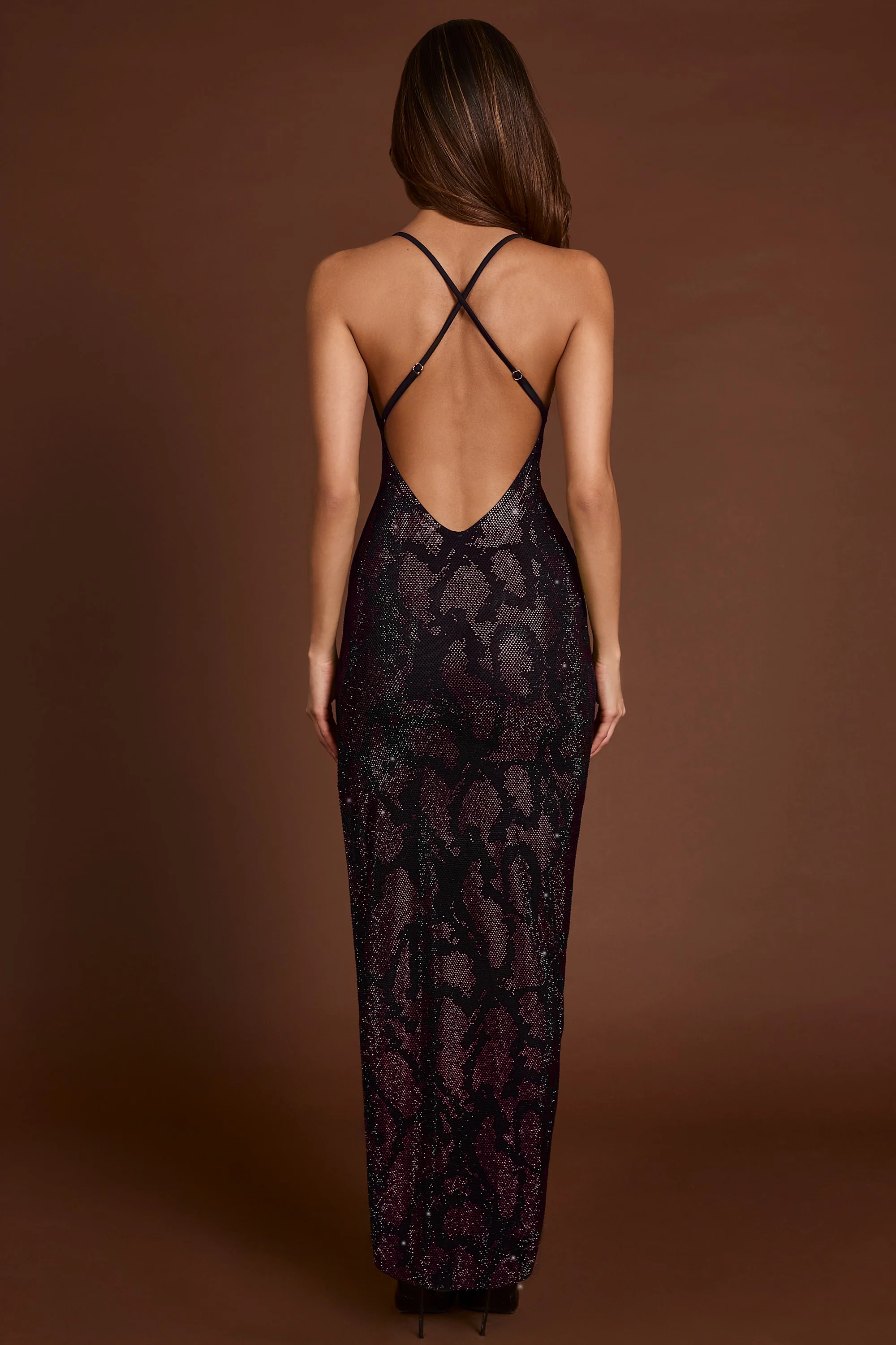 Embellished Halterneck Maxi Dress in Purple Snake - Image 2