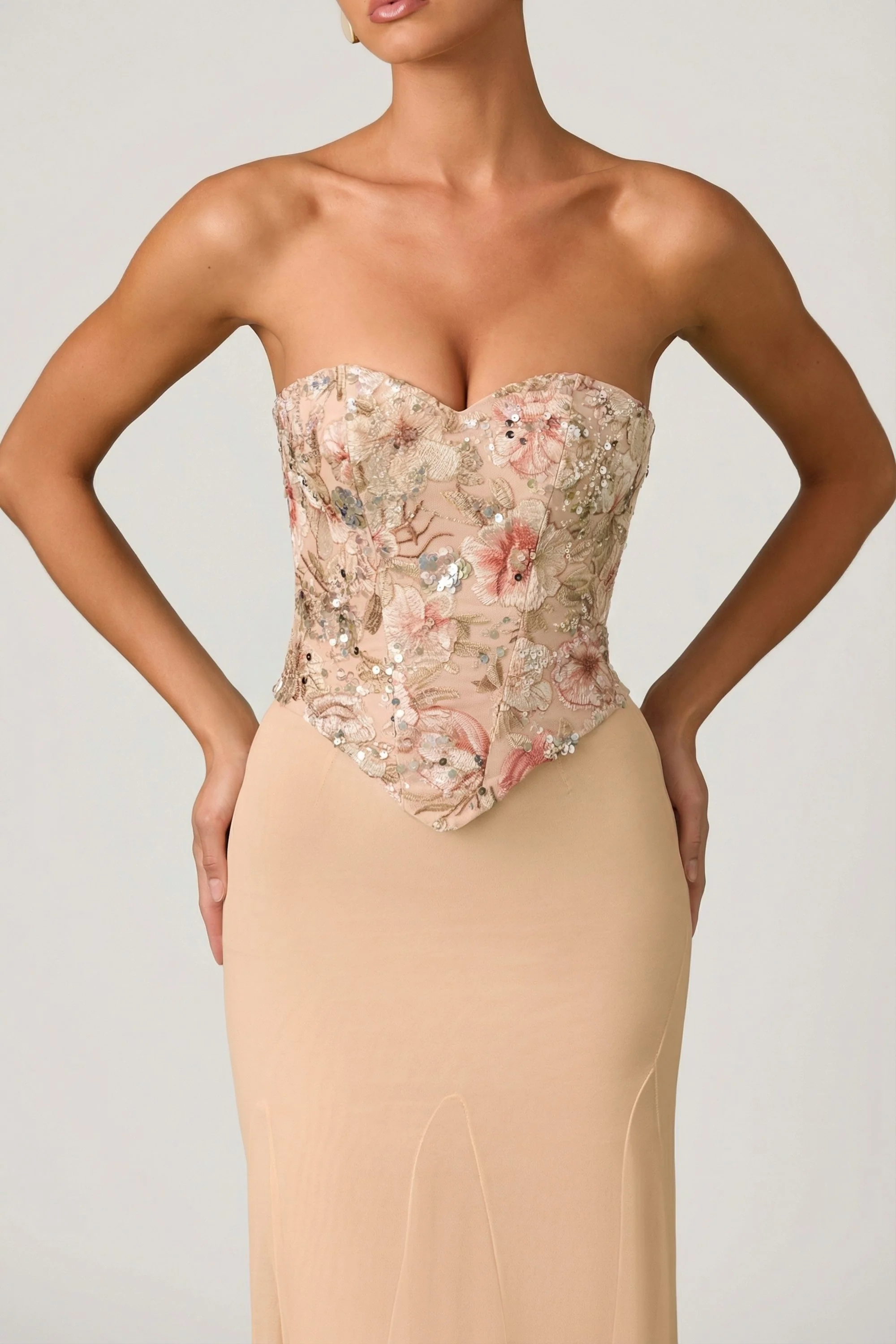 Embellished Corset Fishtail Gown in Floral Beige - Image 3