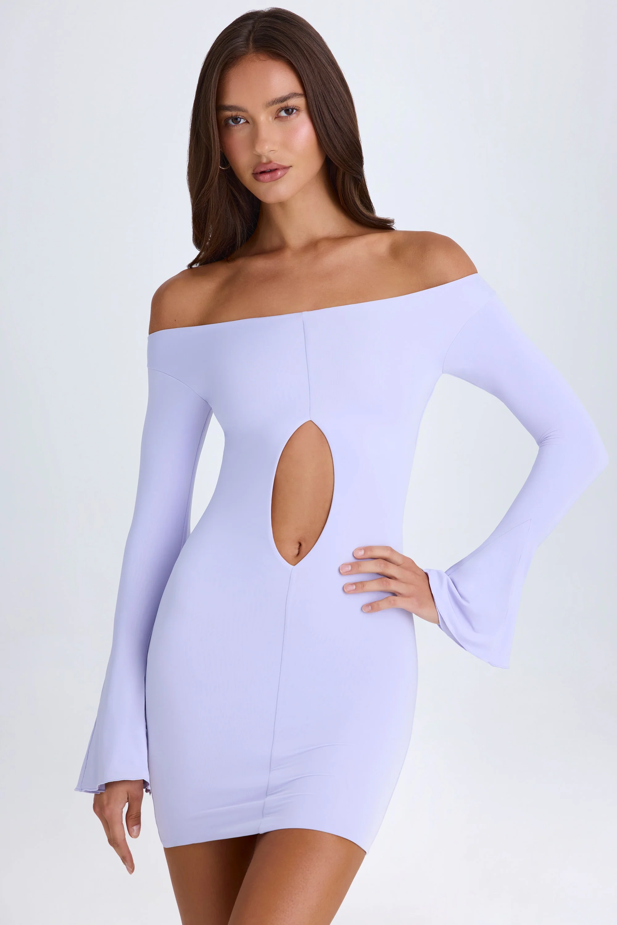 Off-Shoulder Cut-Out Mini Dress in Soft Lilac - Image 5
