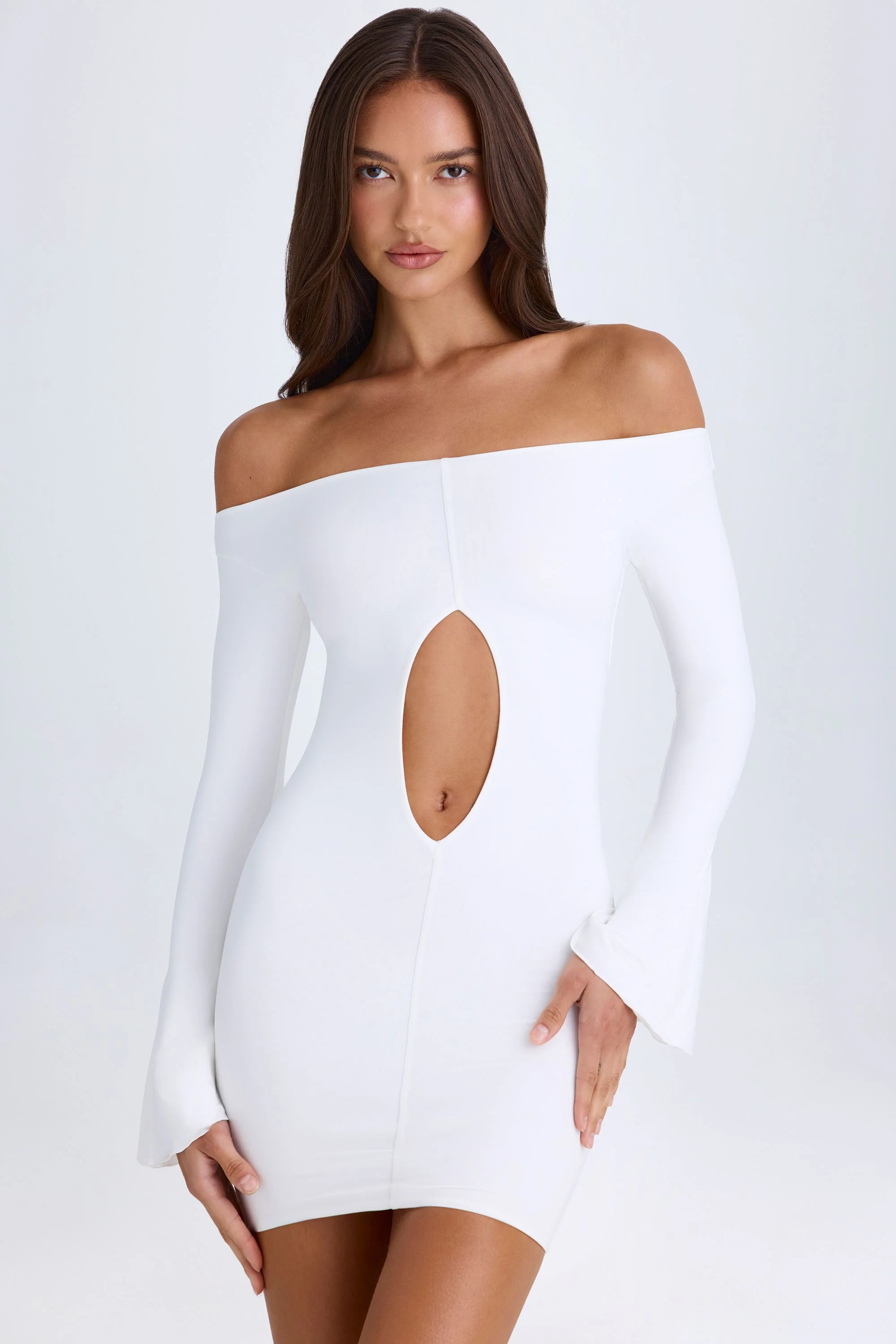 Off-Shoulder Cut-Out Mini Dress in White - Image 6