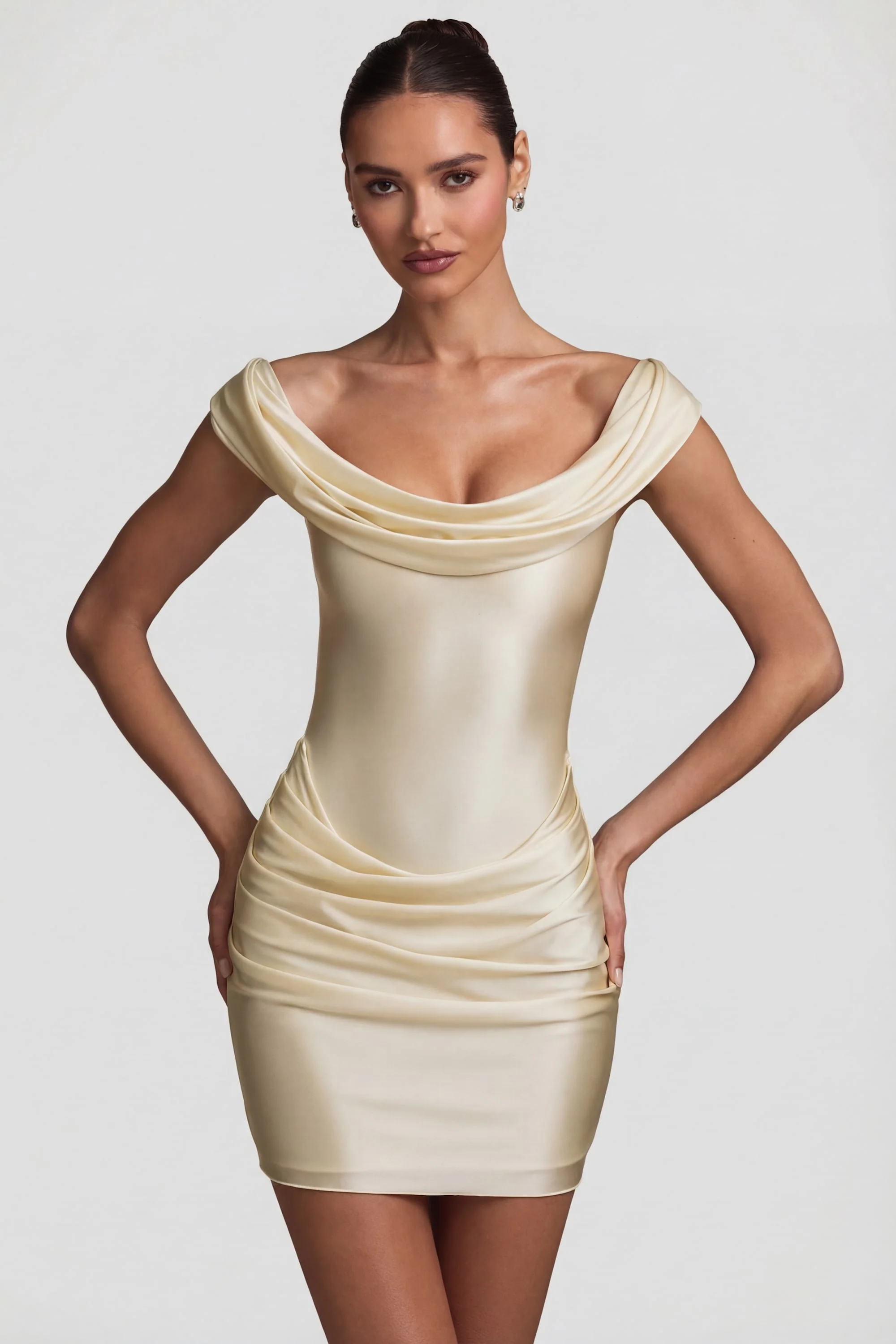 Satin Off-Shoulder Draped Mini Dress in Ivory - Image 7