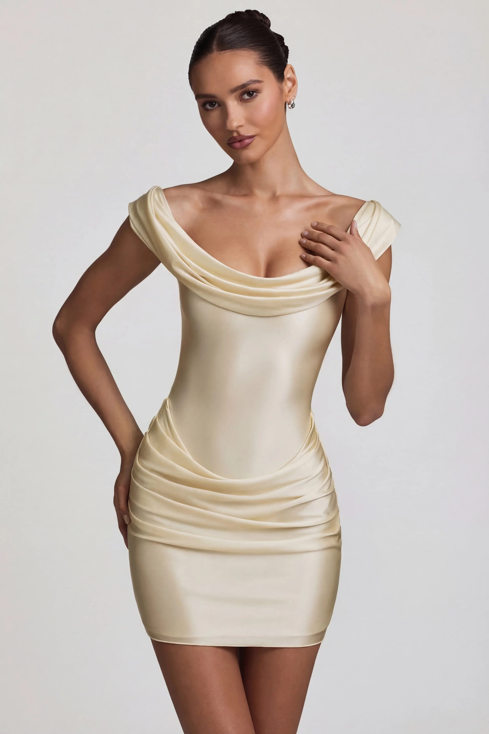 Satin Off-Shoulder Draped Mini Dress in Ivory - Image 8