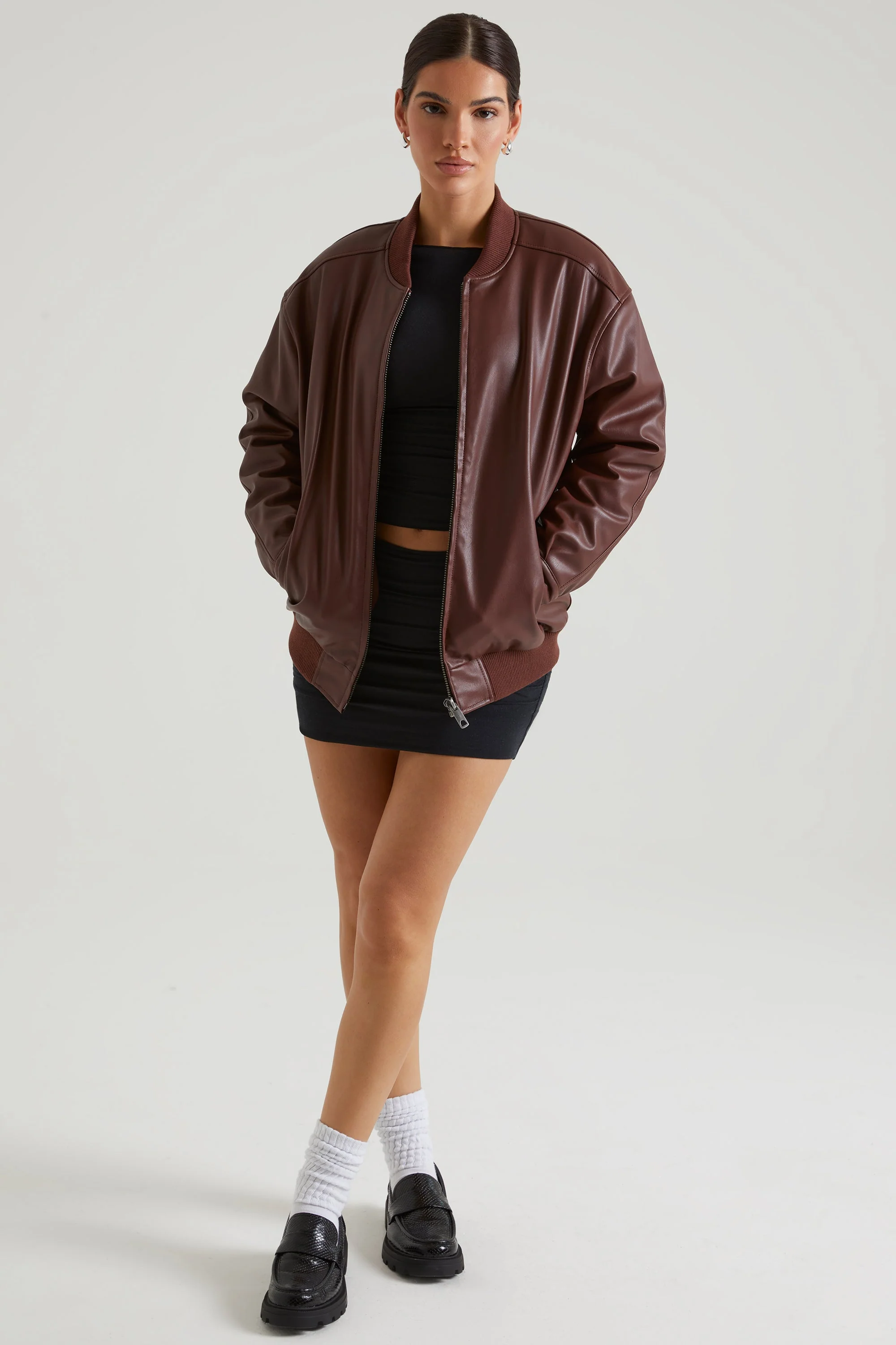 Faux Leather Jacket in Brown - Image 10