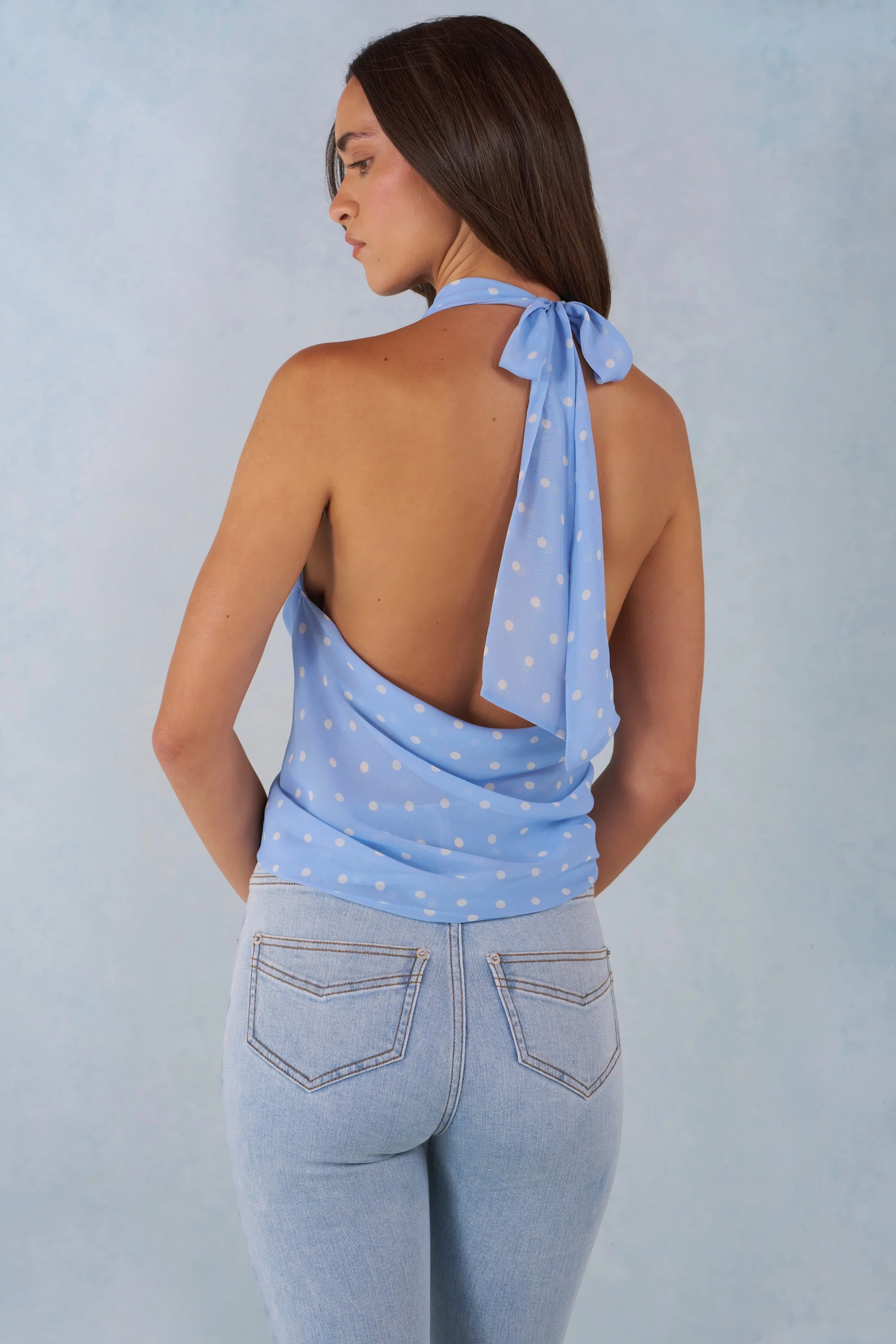 Deep Plunge Halterneck Top in Blue Polka Dot Print - Image 2