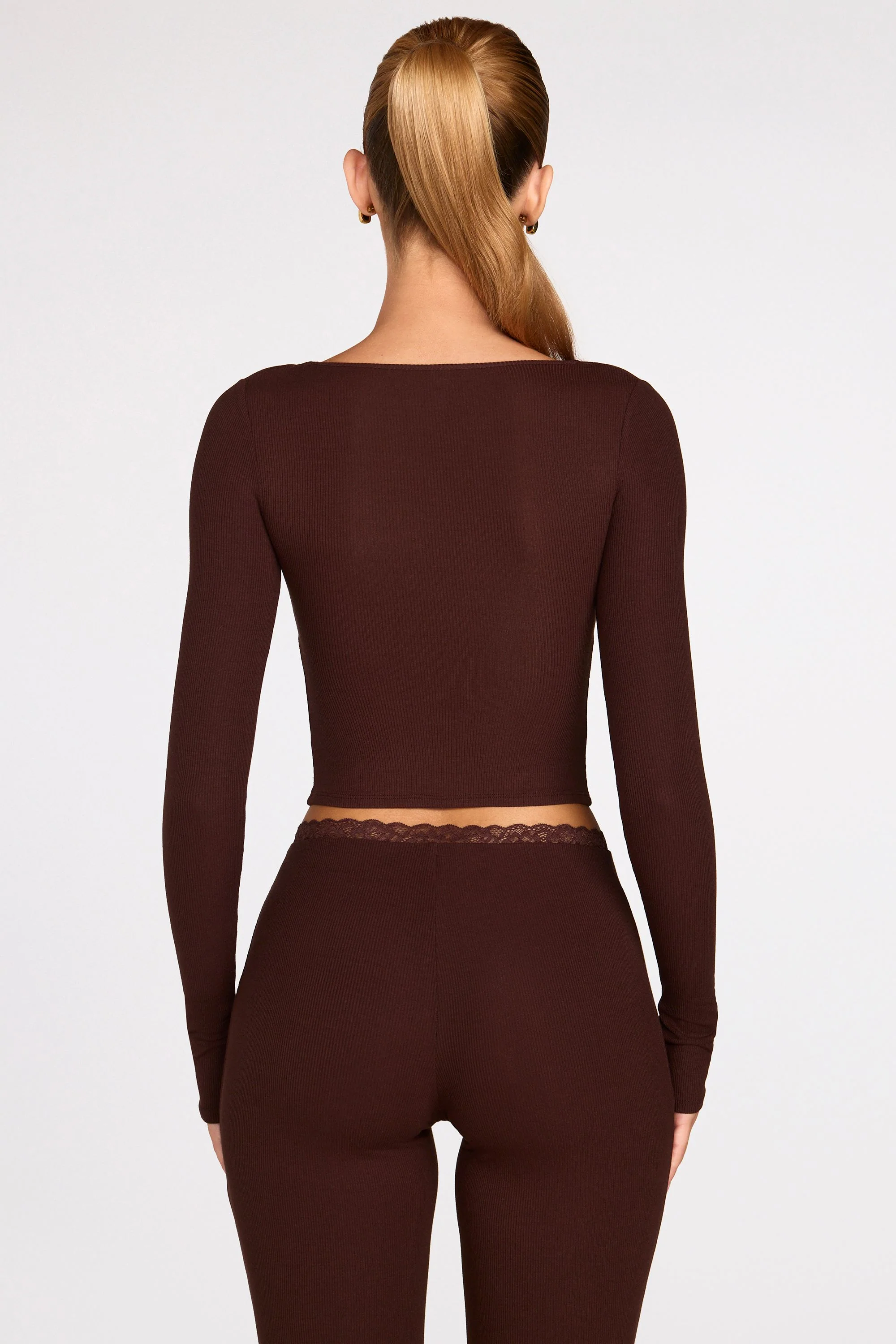 Ribbed Modal Long-Sleeve Laced Bra Top in Chocolate Brown - Image 3