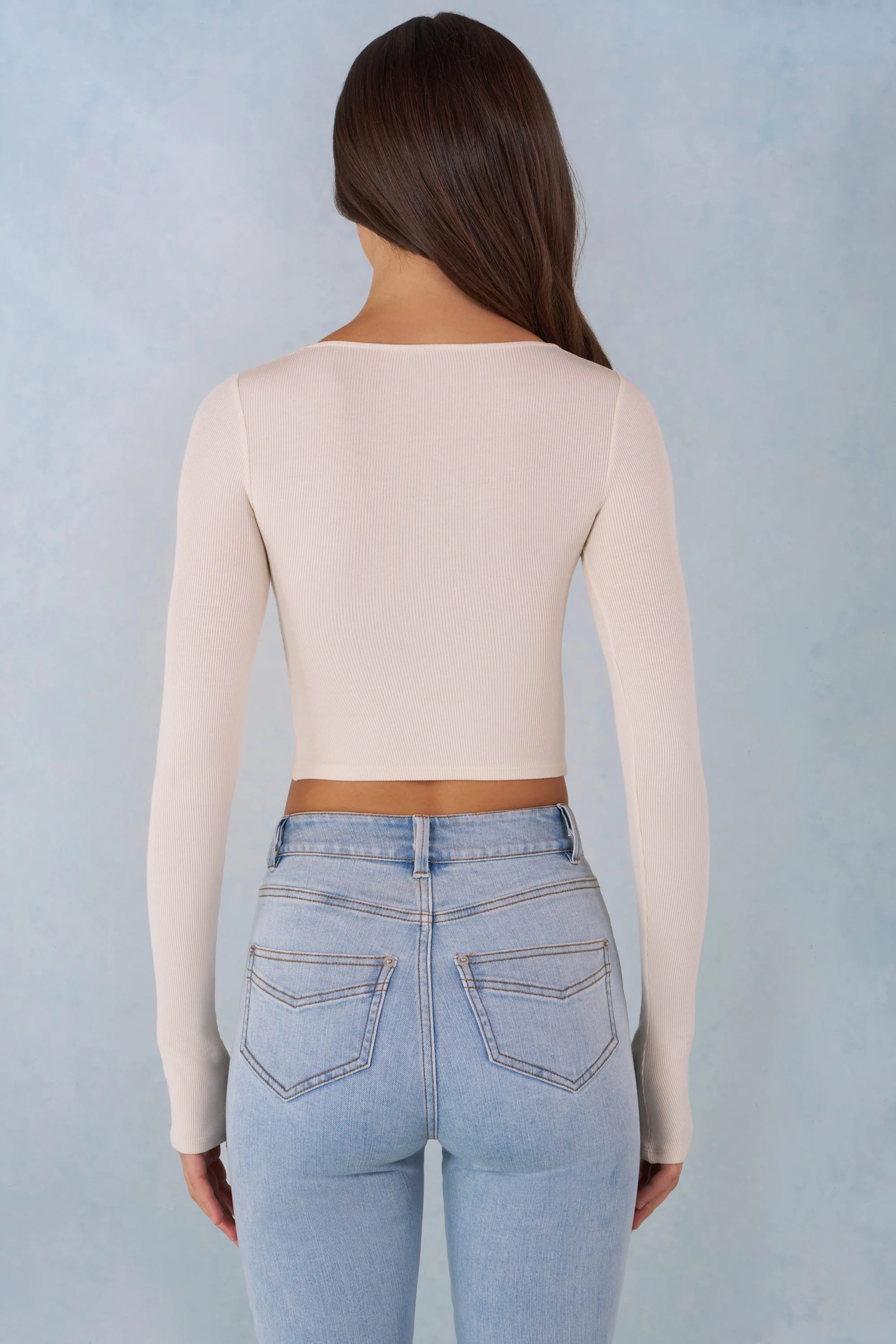 Ribbed Modal Long-Sleeve Laced Bra Top in Ivory - Image 3