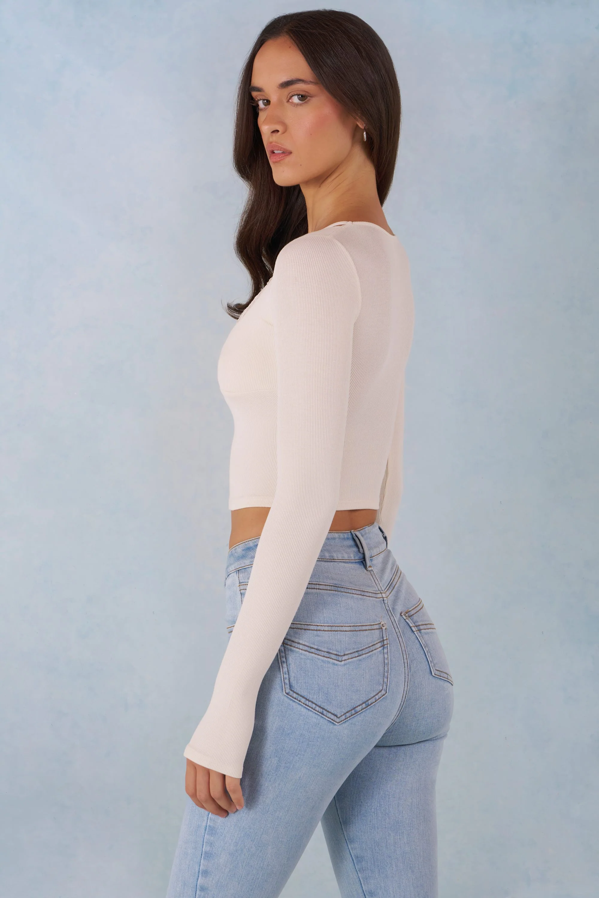Ribbed Modal Long-Sleeve Laced Bra Top in Ivory - Image 6