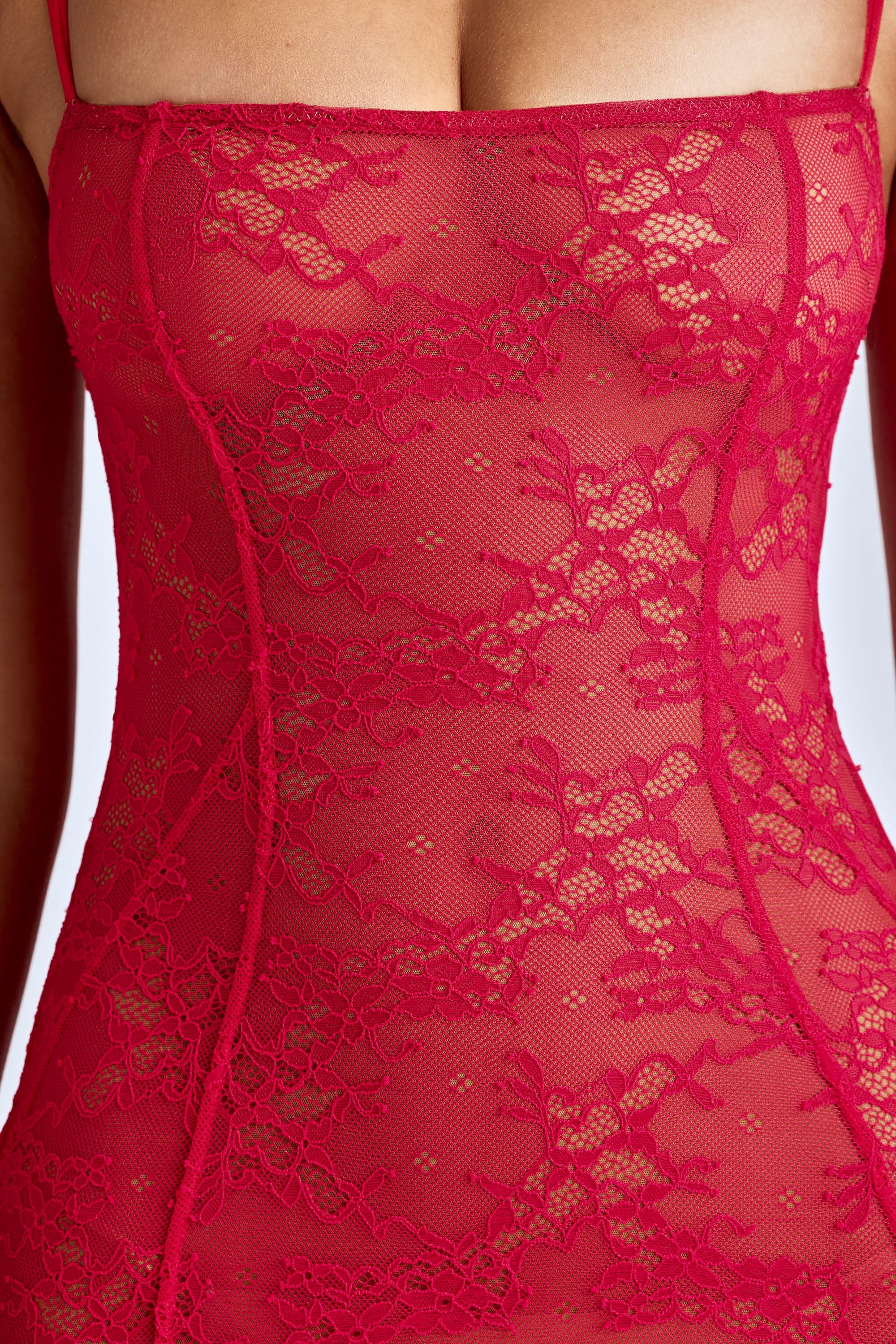 Sheer Lace Fishtail Gown in Cherry Red - Image 4