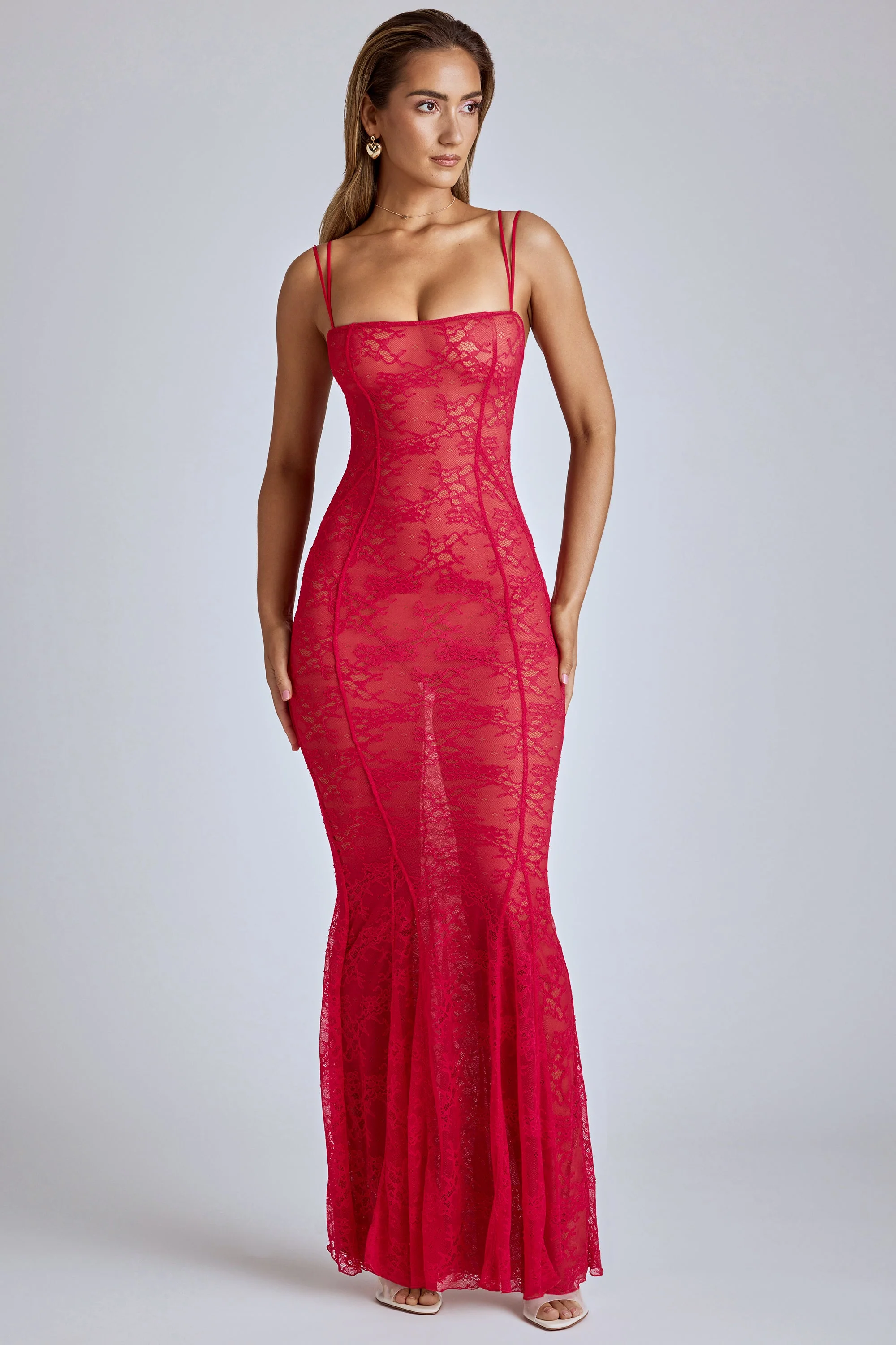 Sheer Lace Fishtail Gown in Cherry Red - Image 6
