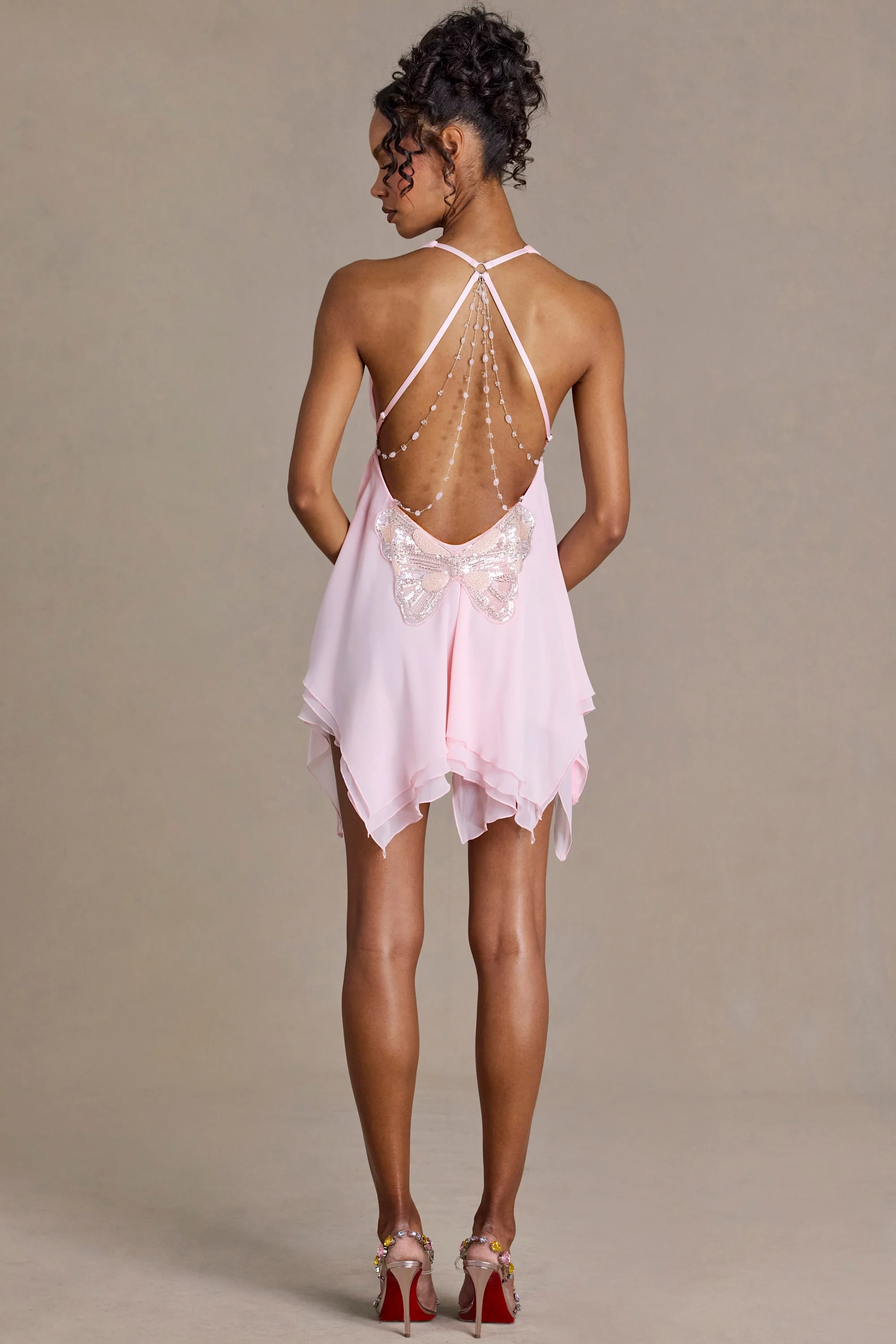 Chiffon Plunge-Neck Open-Back Mini Dress in Blossom - Image 5