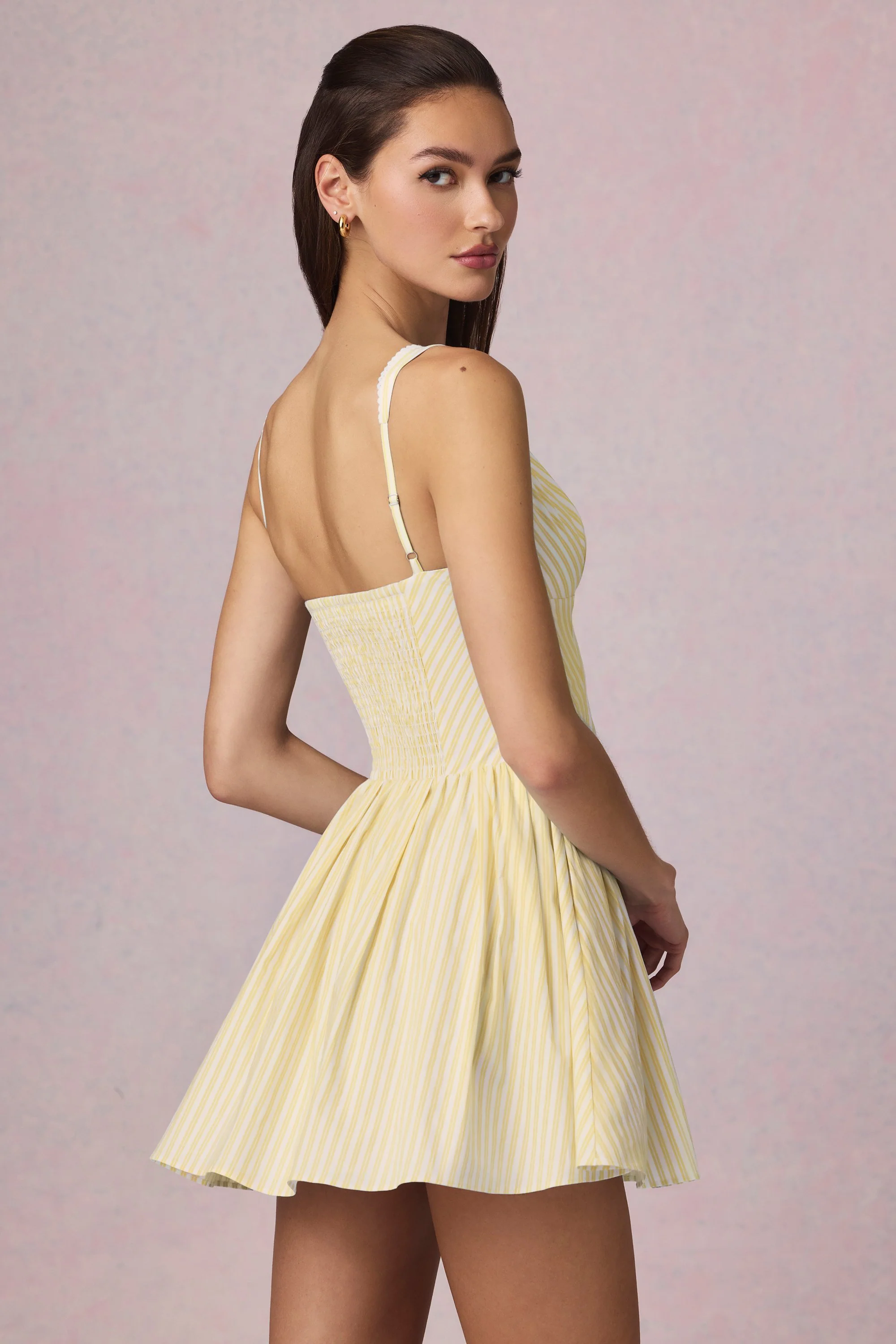Bow-Detail A-Line Mini Dress in Lemon Yellow Stripe - Image 2
