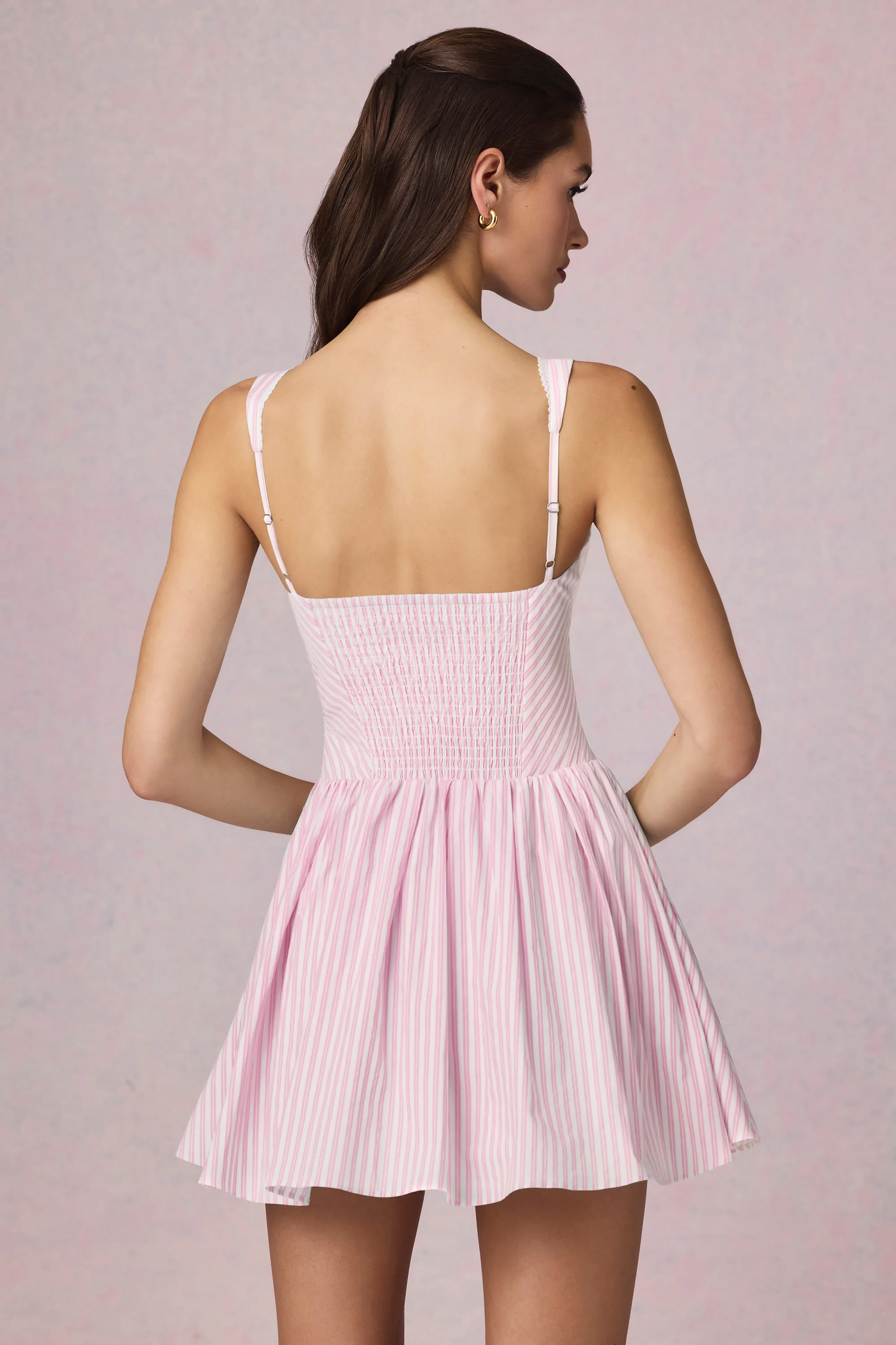 Bow-Detail A-Line Mini Dress in Soft Mauve Stripe - Image 3