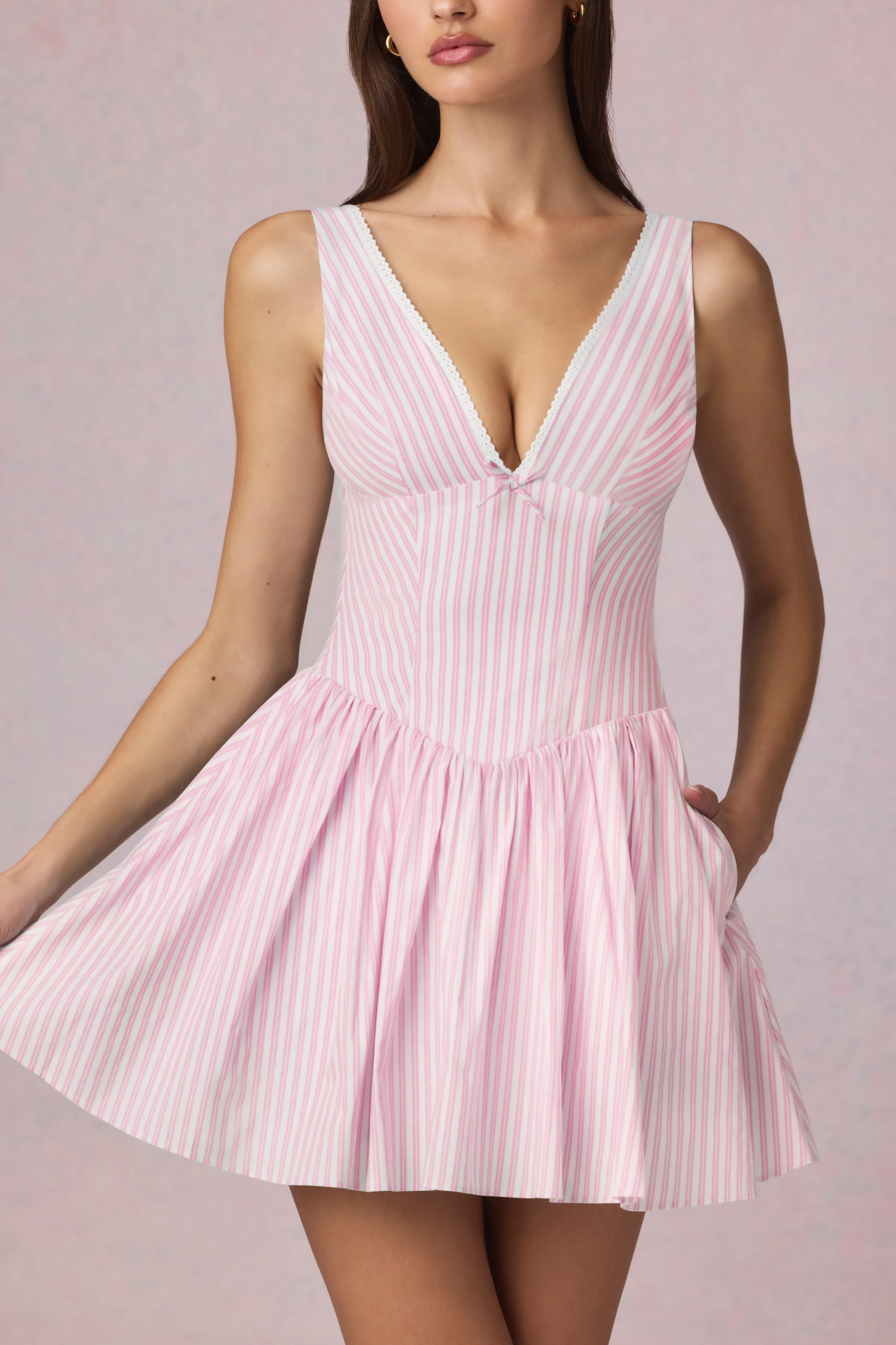 Bow-Detail A-Line Mini Dress in Soft Mauve Stripe - Image 4