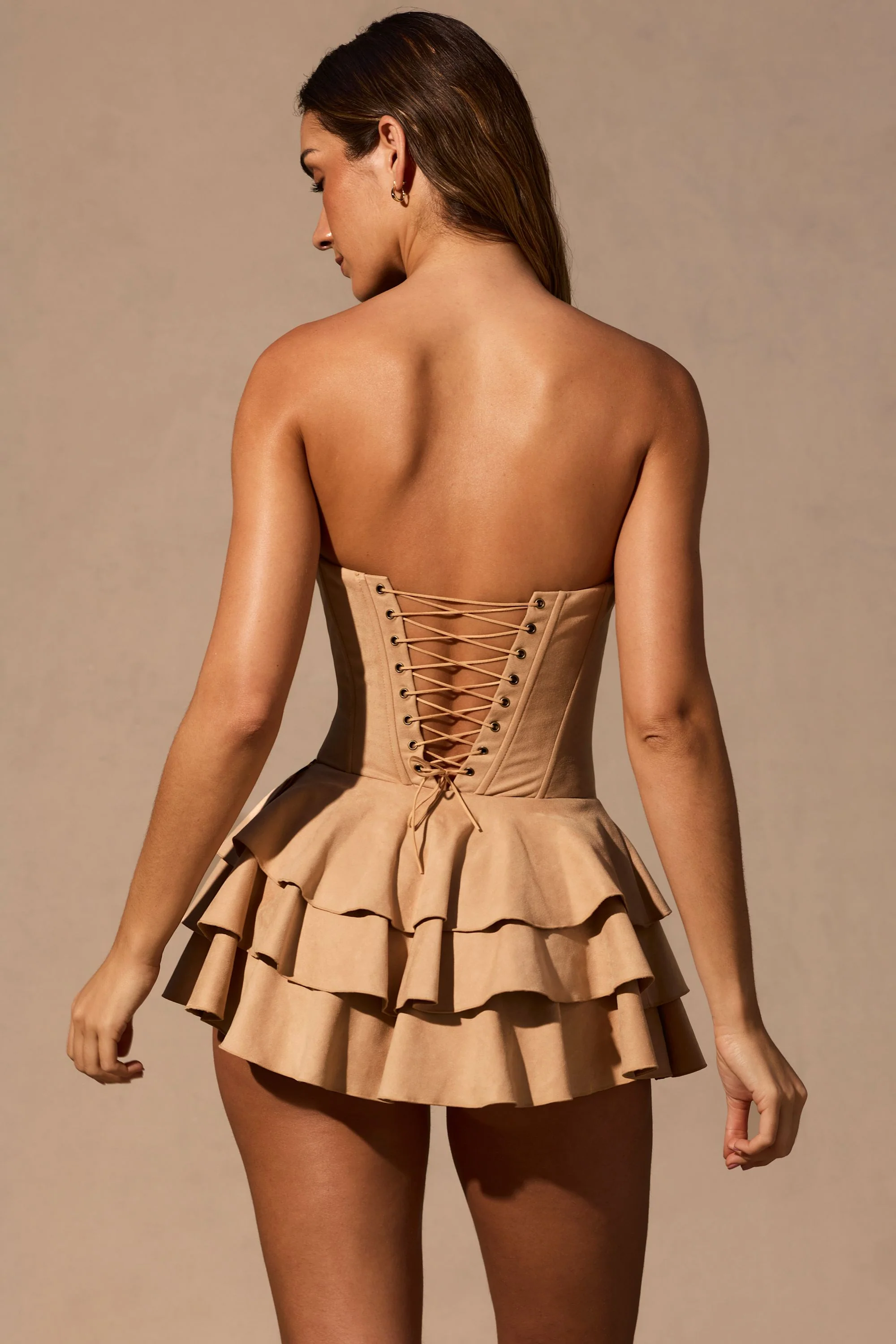 Ruffled Lace-Up Corset Playsuit in Tan - Image 3