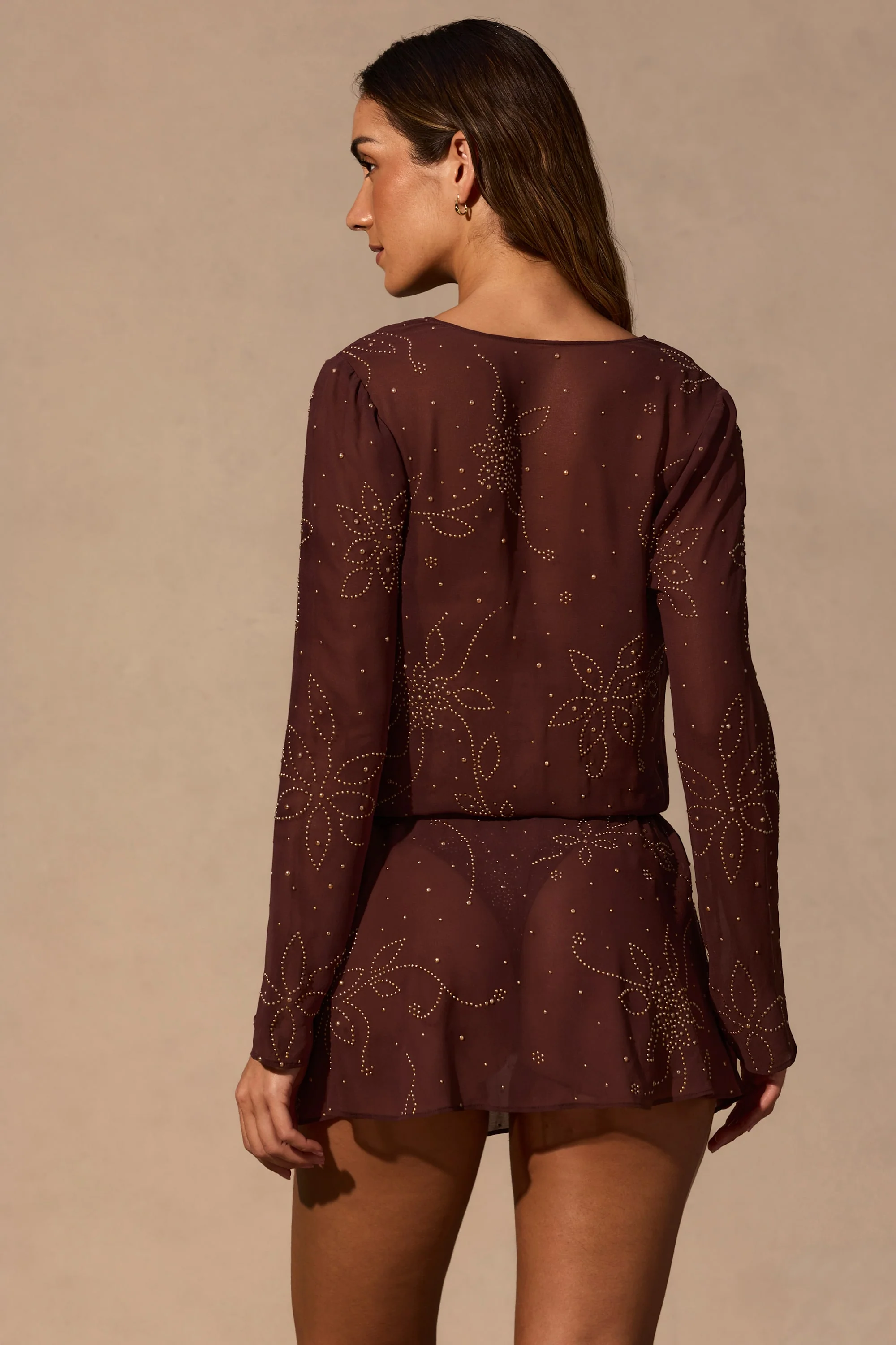 Long-Sleeve Mini Dress in Espresso Brown - Image 5