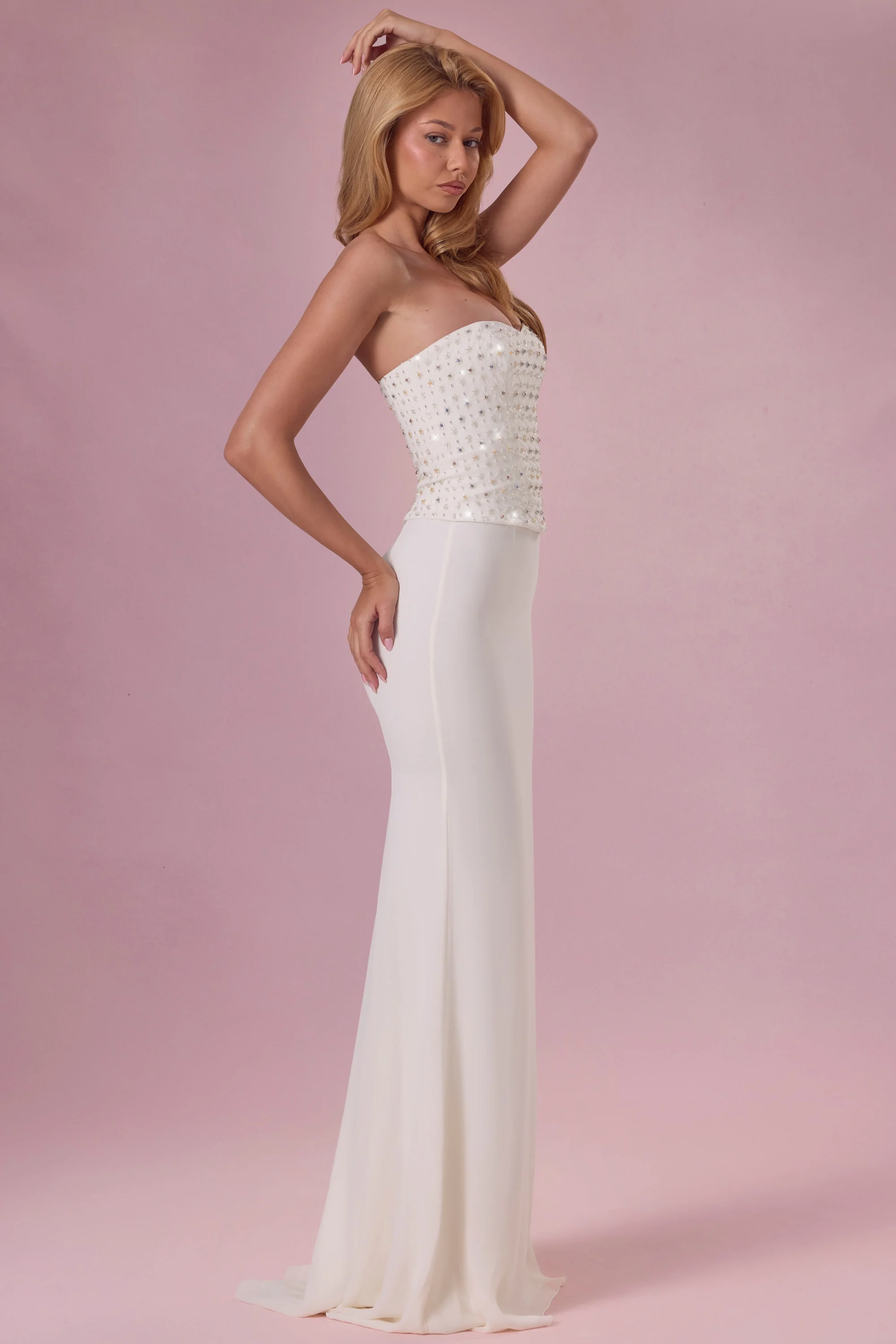Embellished Corset Strapless Gown in Pearl - Image 3