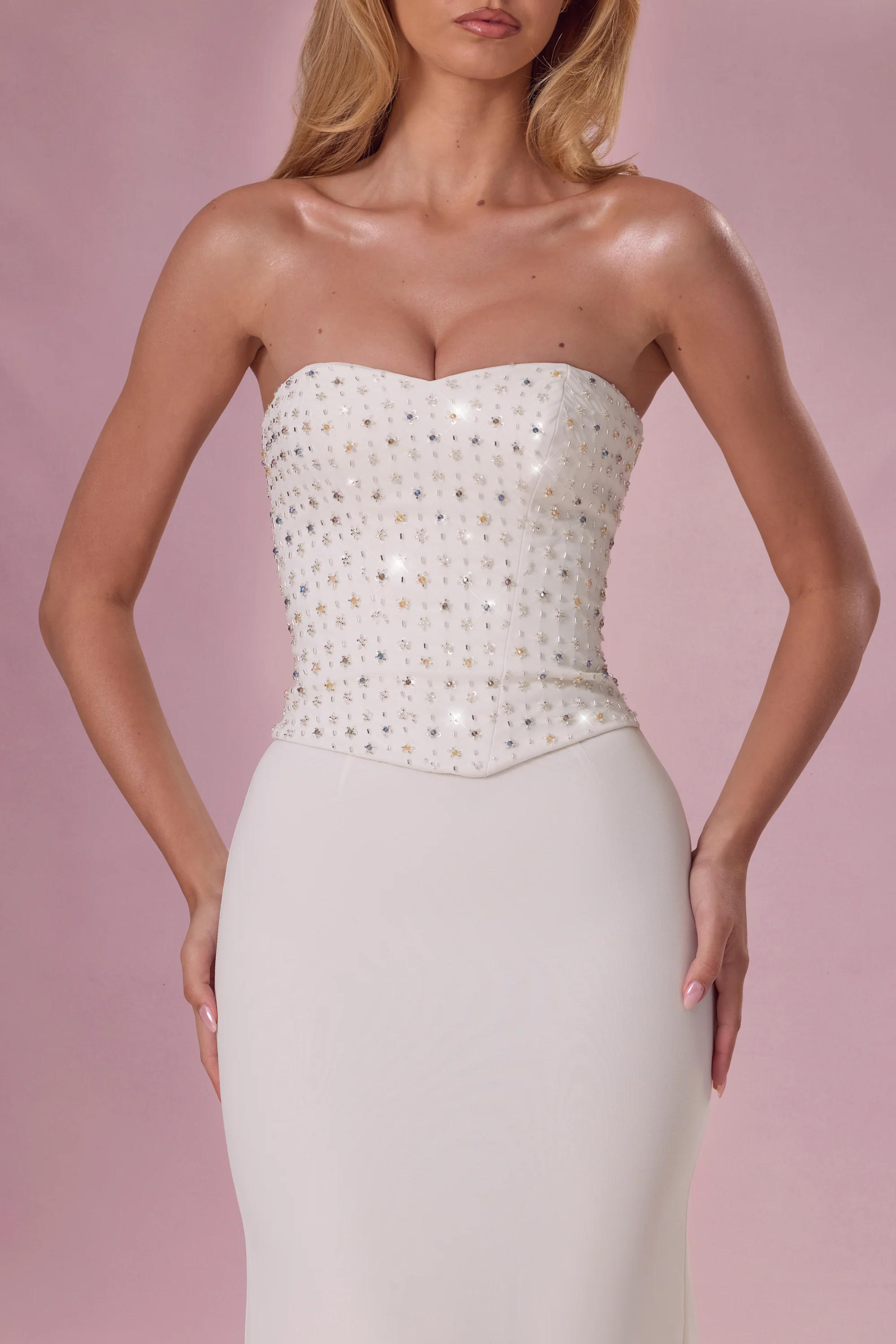 Embellished Corset Strapless Gown in Pearl - Image 4