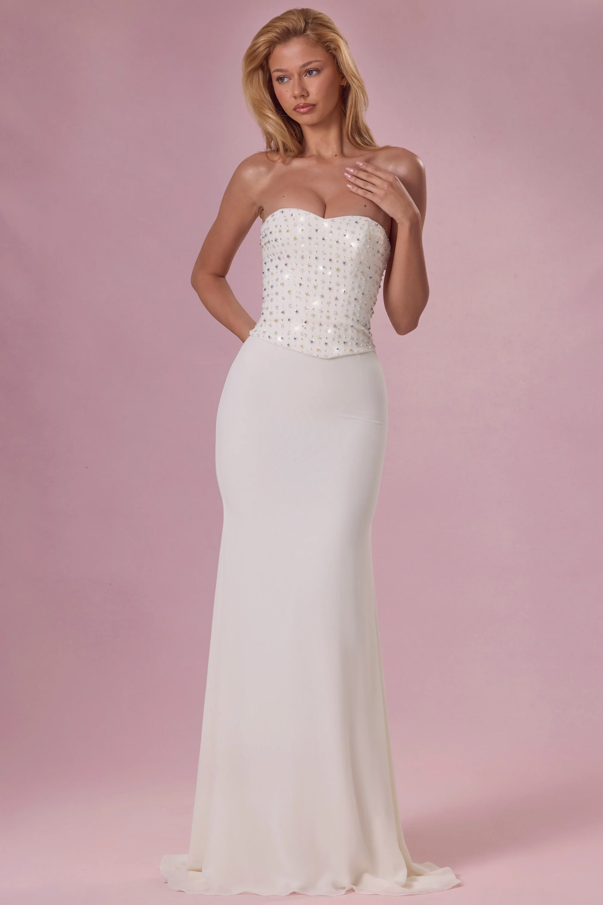 Embellished Corset Strapless Gown in Pearl - Image 5