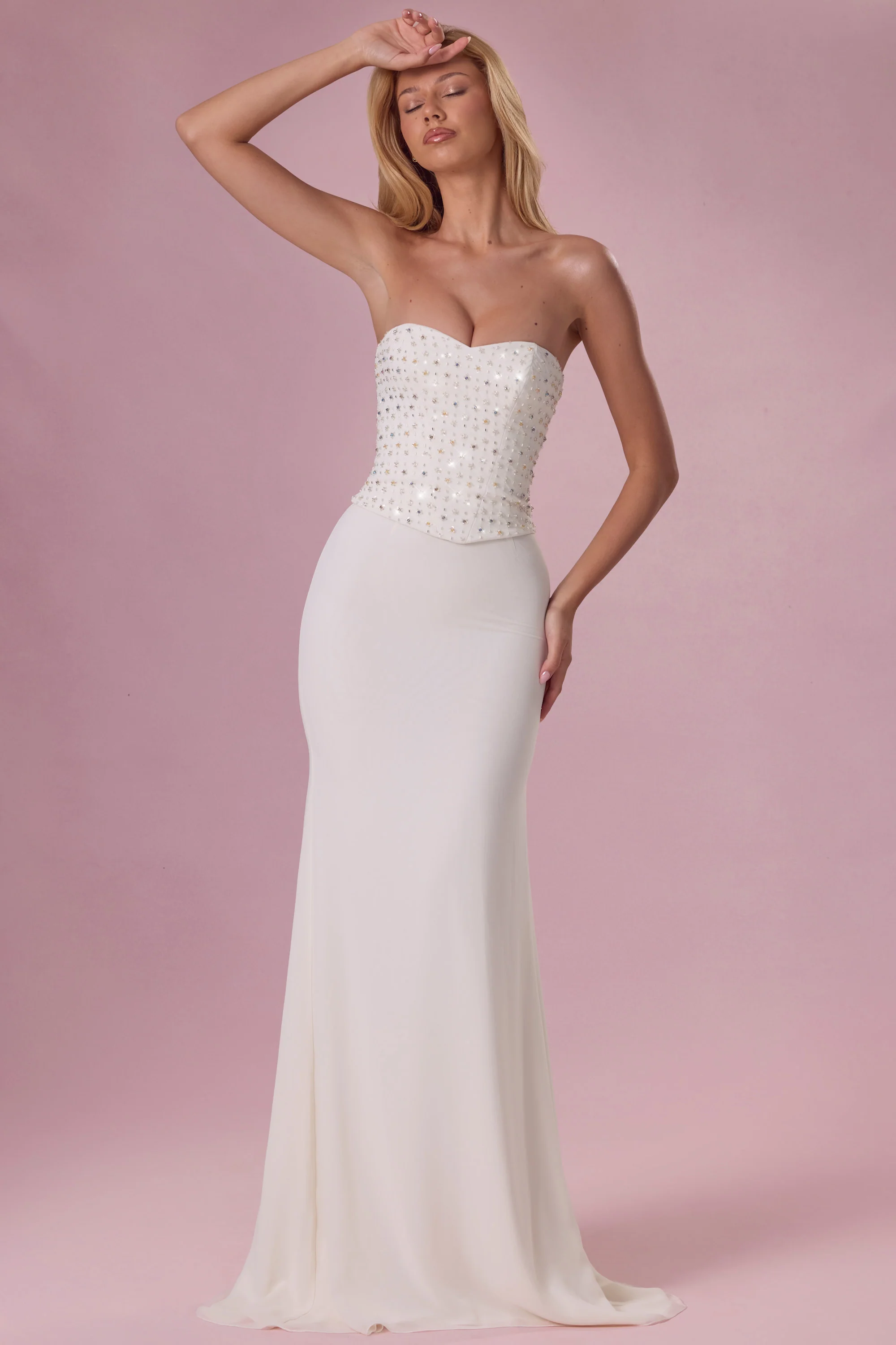 Embellished Corset Strapless Gown in Pearl - Image 8
