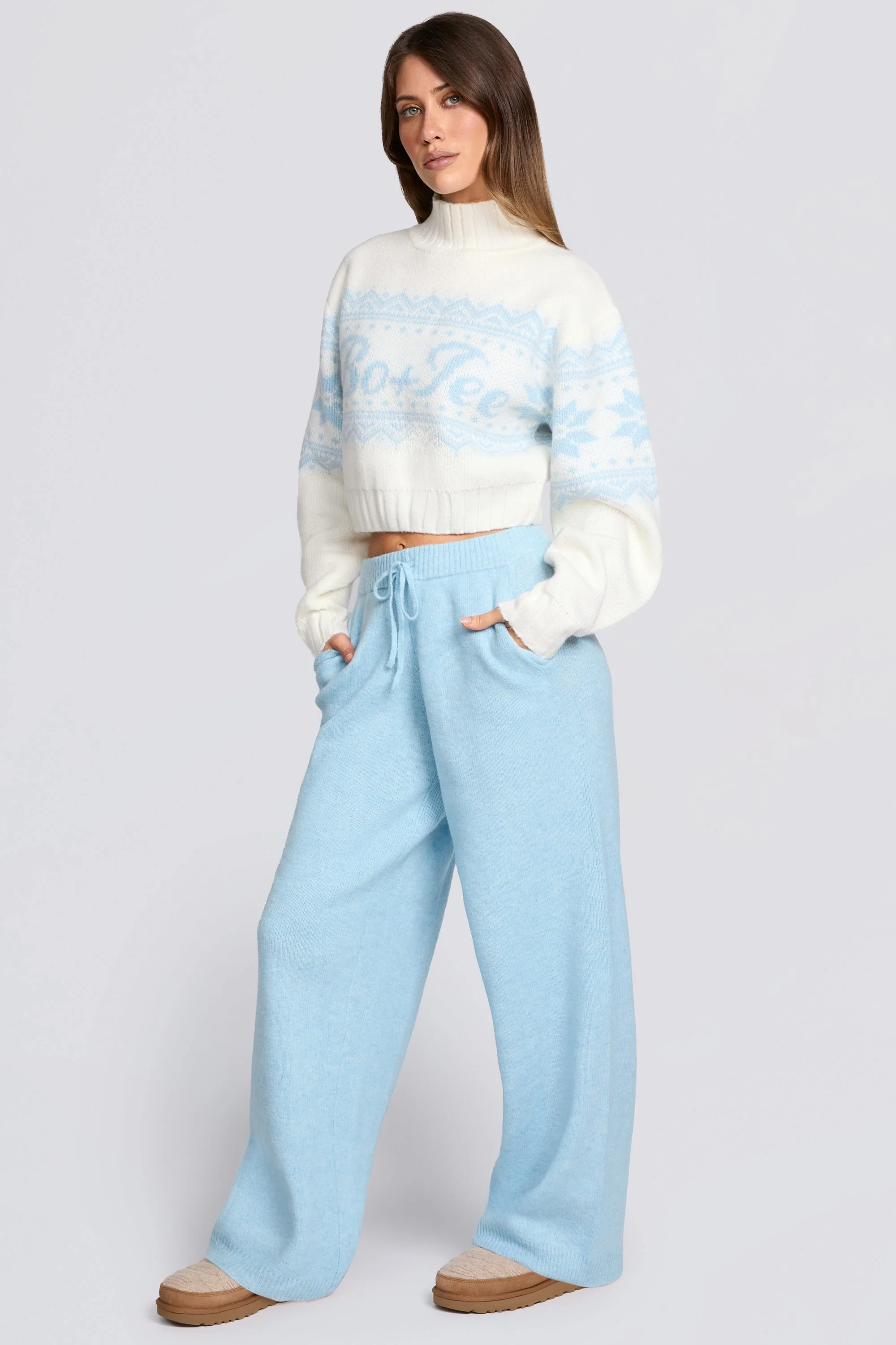 Knit Mid-Rise Wide-Leg Joggers in Powder Blue - Image 3