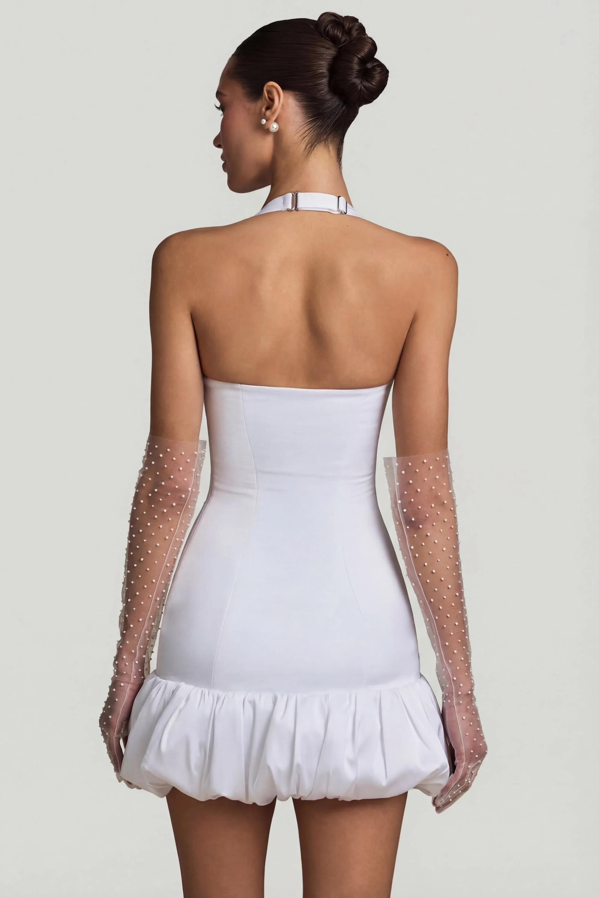 Bow-Detail Halterneck Bubble Hem Mini Dress in White - Image 3
