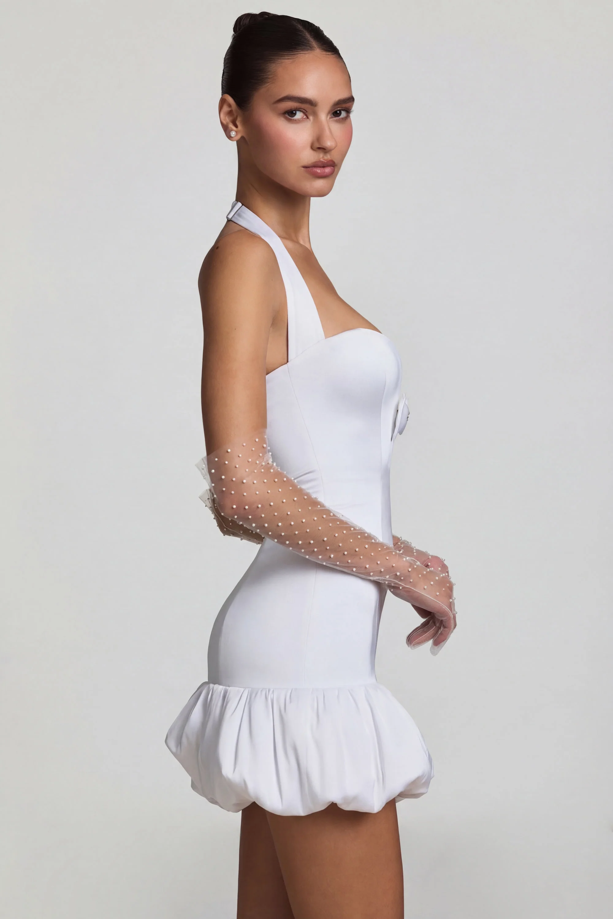 Bow-Detail Halterneck Bubble Hem Mini Dress in White - Image 4