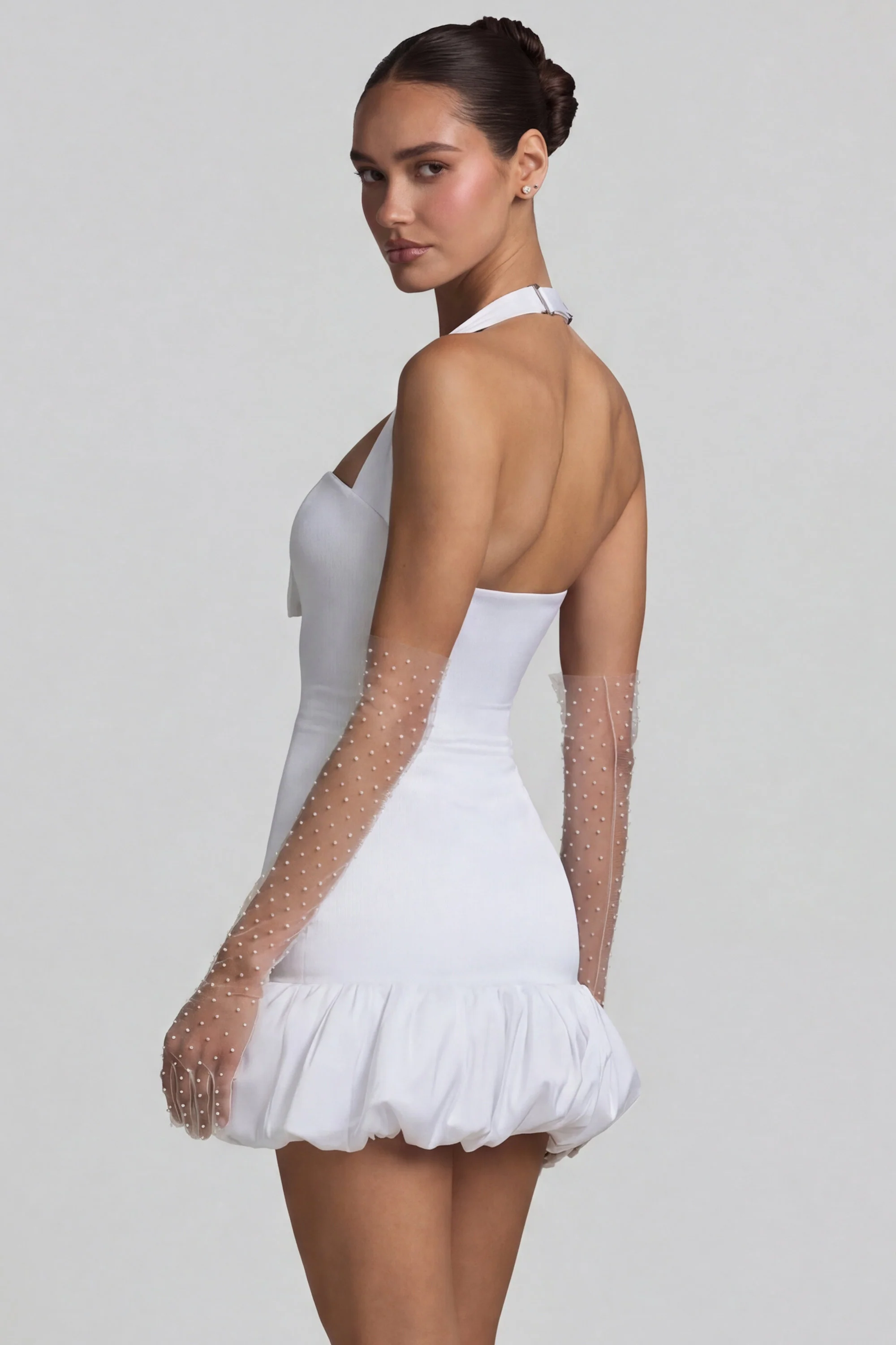Bow-Detail Halterneck Bubble Hem Mini Dress in White - Image 7