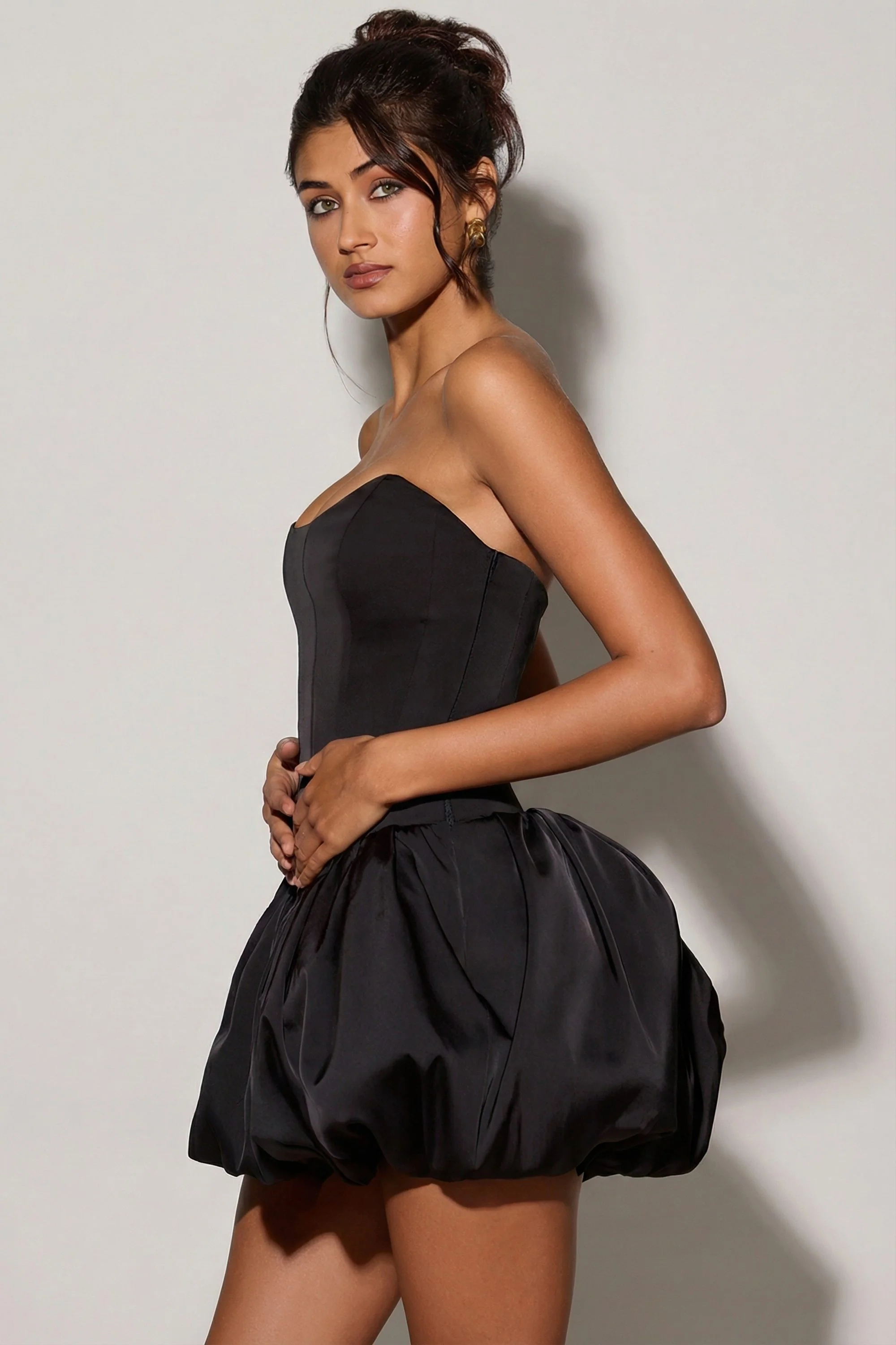 Lace-Up Bubble Hem Corset Micro Mini Dress in Black - Image 3