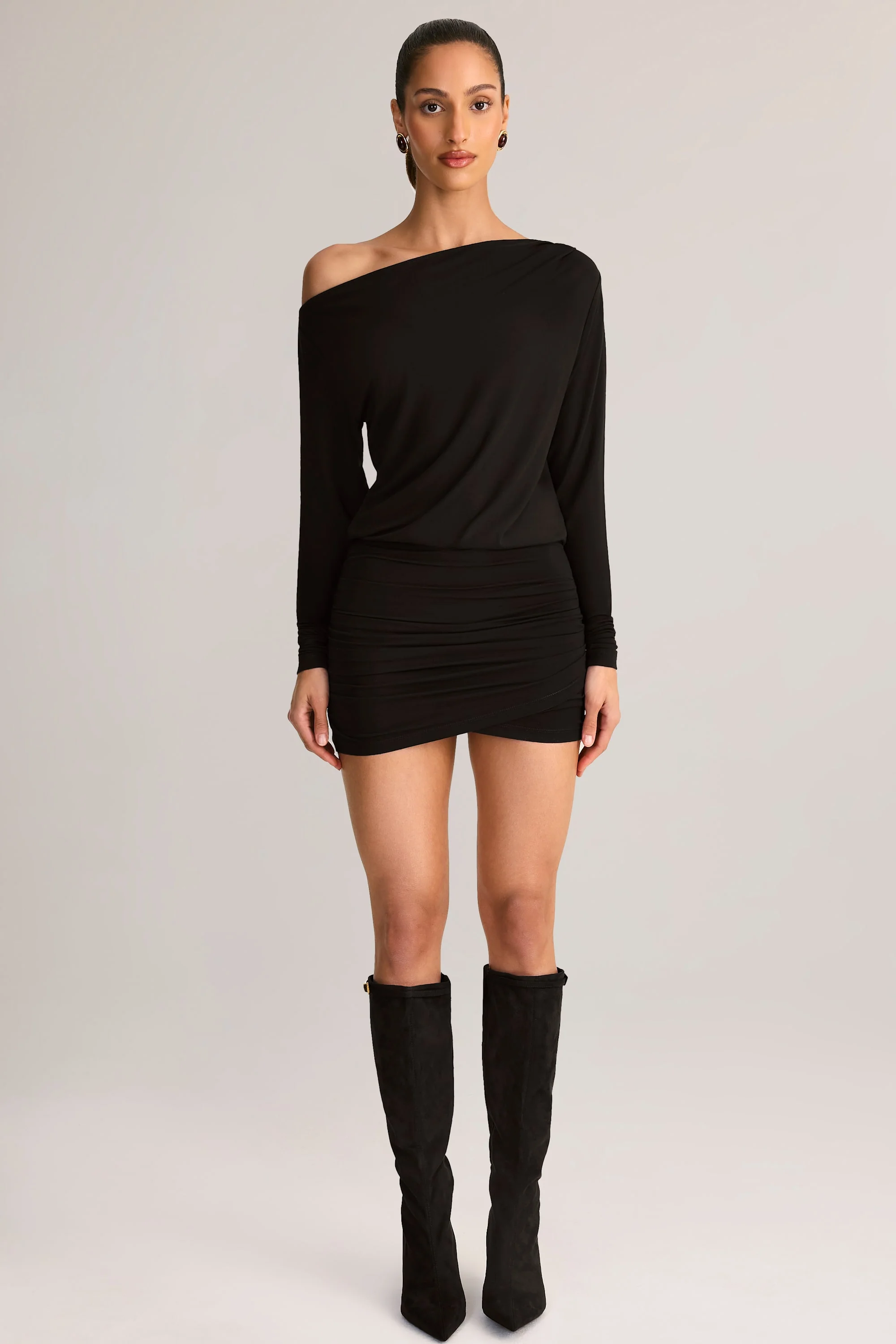 Modal Off-Shoulder Wrap Mini Dress in Black - Image 8