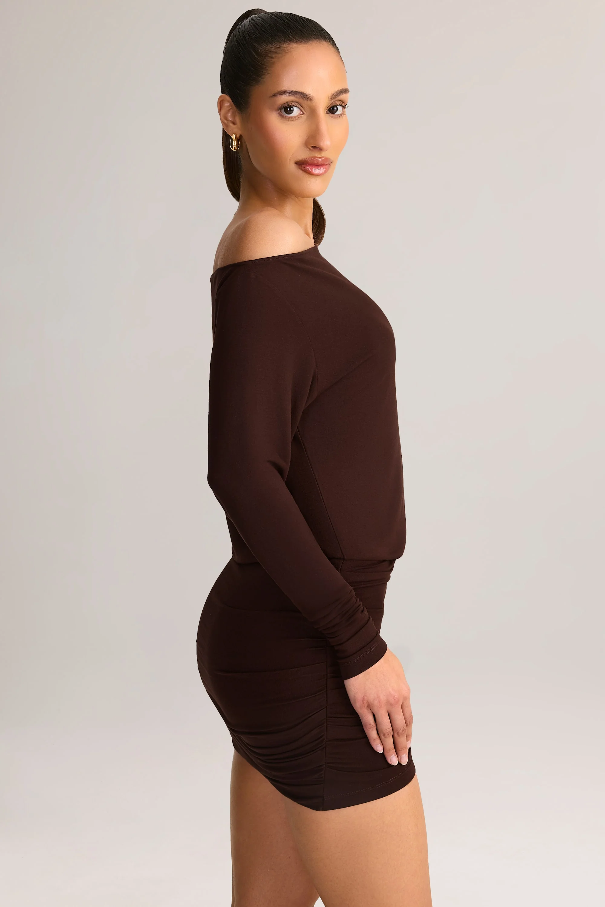 Modal Off-Shoulder Wrap Mini Dress in Chocolate Brown - Image 3