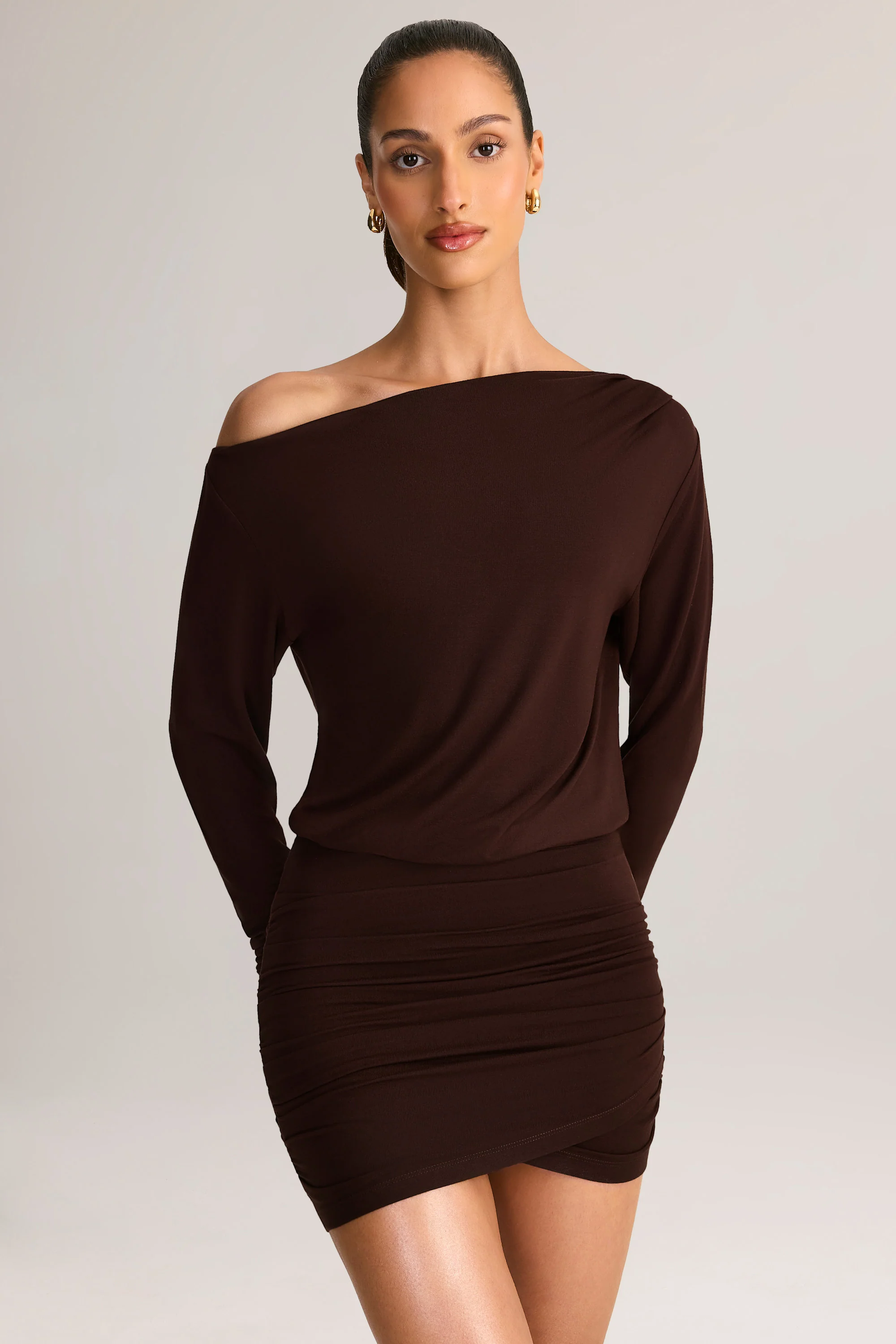 Modal Off-Shoulder Wrap Mini Dress in Chocolate Brown - Image 6