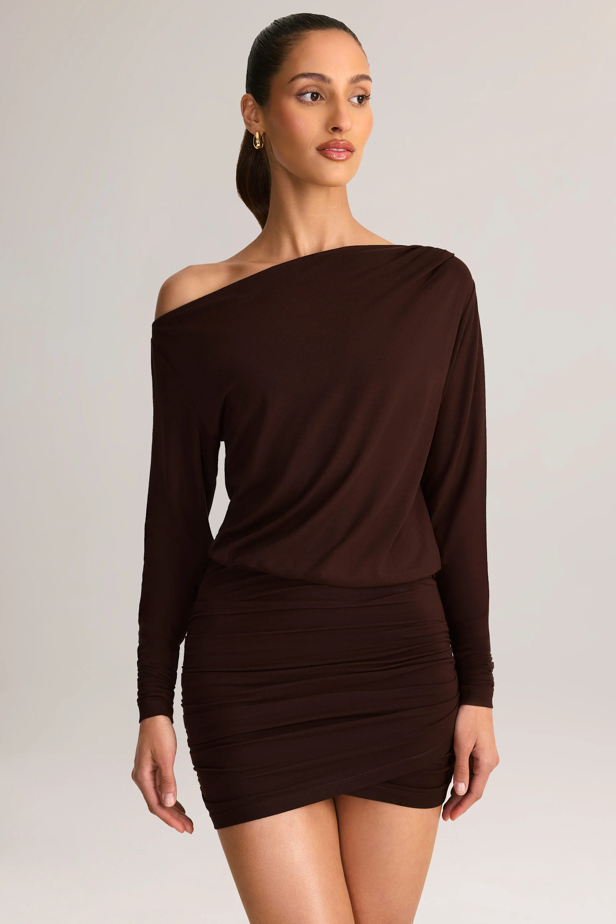 Modal Off-Shoulder Wrap Mini Dress in Chocolate Brown - Image 7