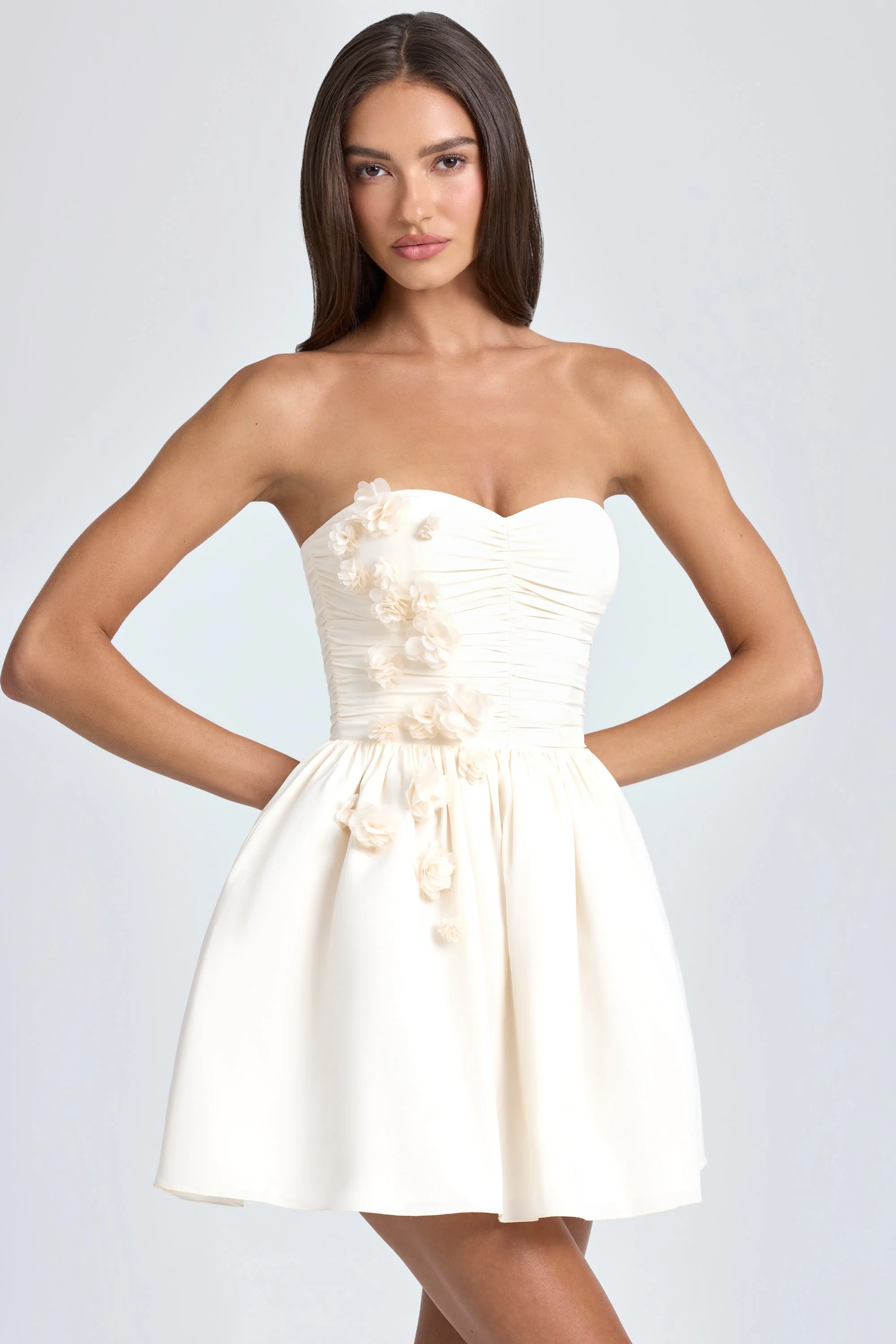 Bandeau Floral-Appliqué Corset Mini Dress in Ivory - Image 7