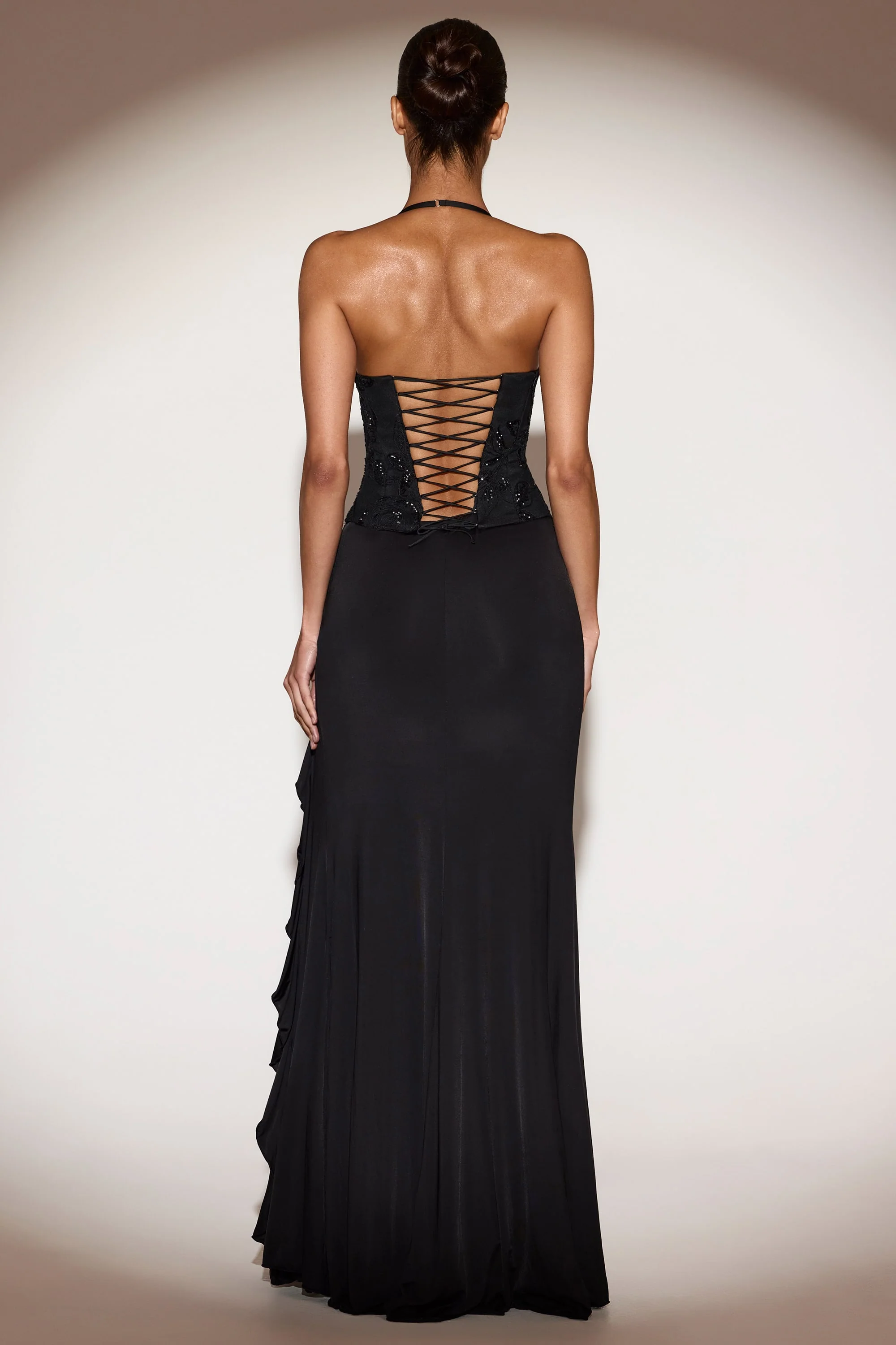 Embellished Cowl-Neck Ruffled Gown Dress in Black - Image 2