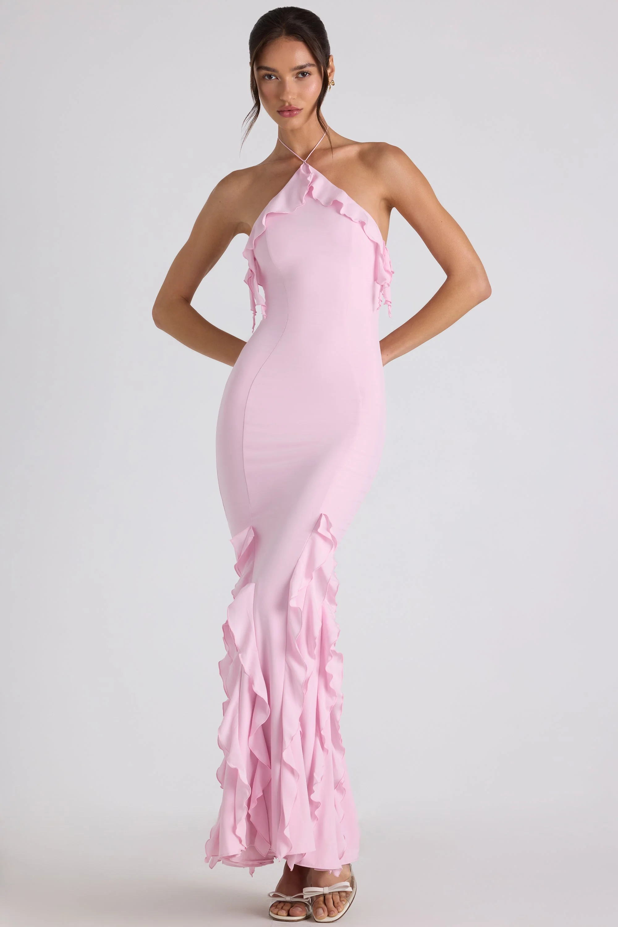 Ruffle-Trim Halterneck Gown in Soft Pink - Image 6