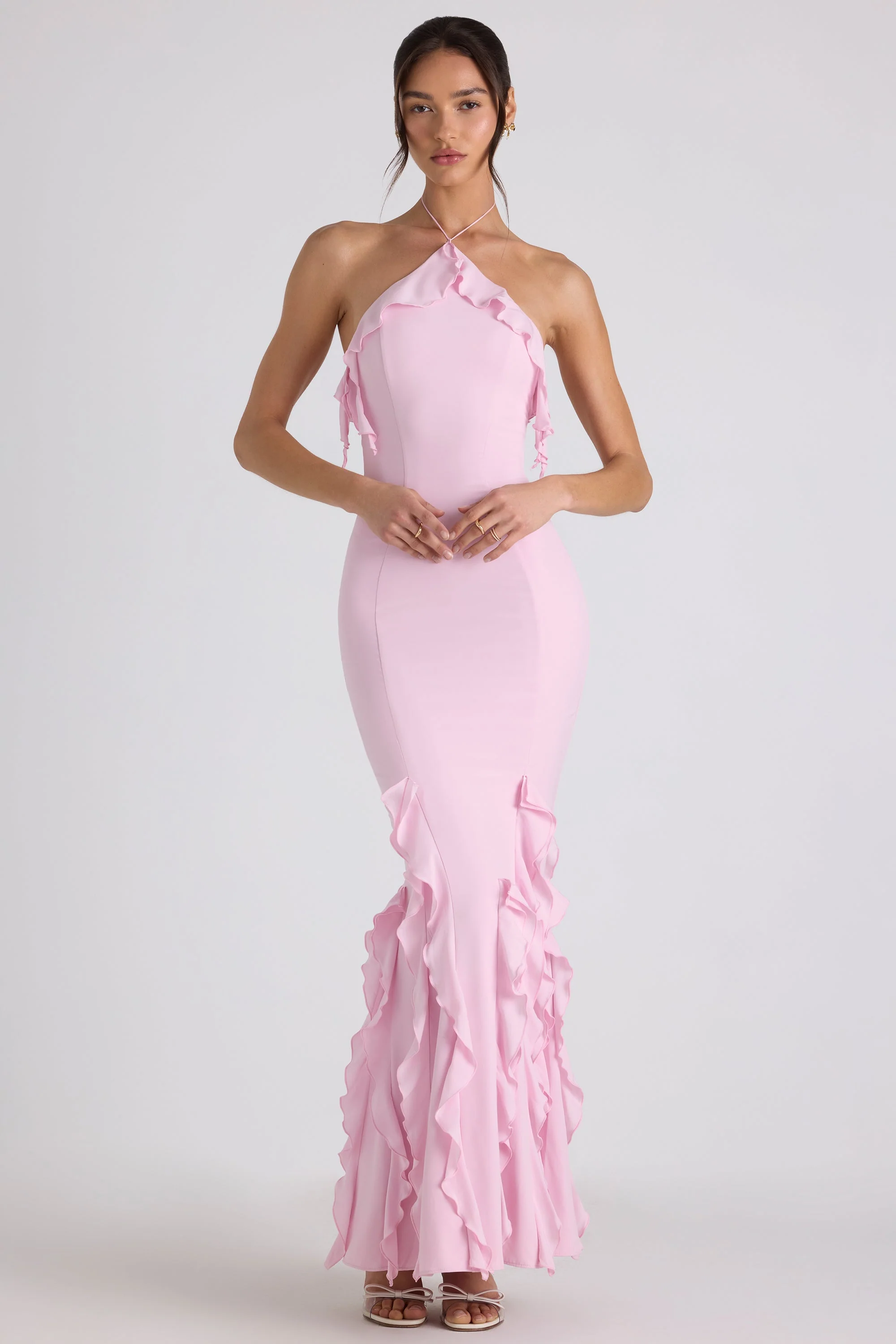 Ruffle-Trim Halterneck Gown in Soft Pink - Image 7