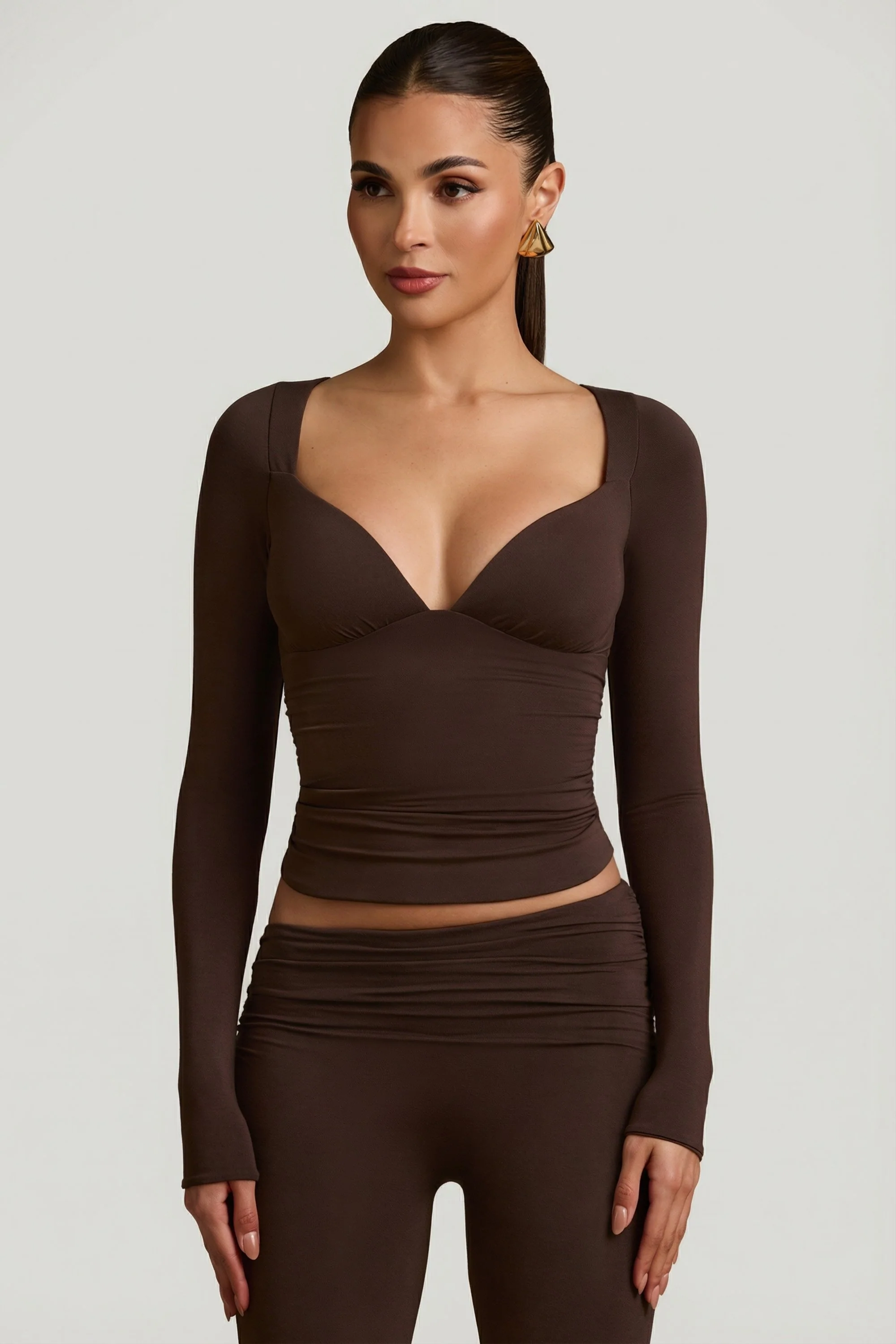 Modal Ruched Long-Sleeve Top in Chocolate Brown - Image 7